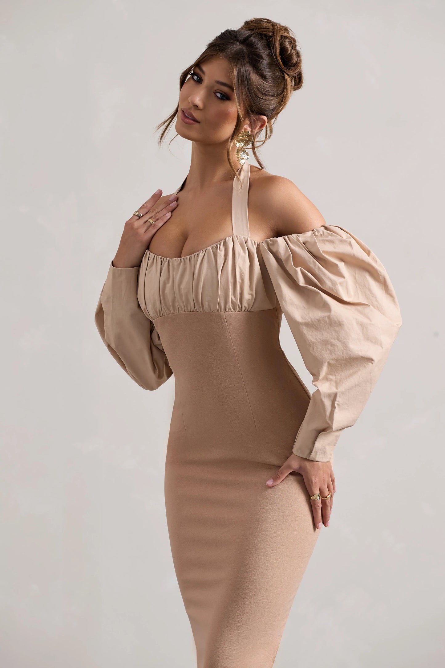 Couture Client Champagne Halter-Neck Puff Sleeve Midi Dress