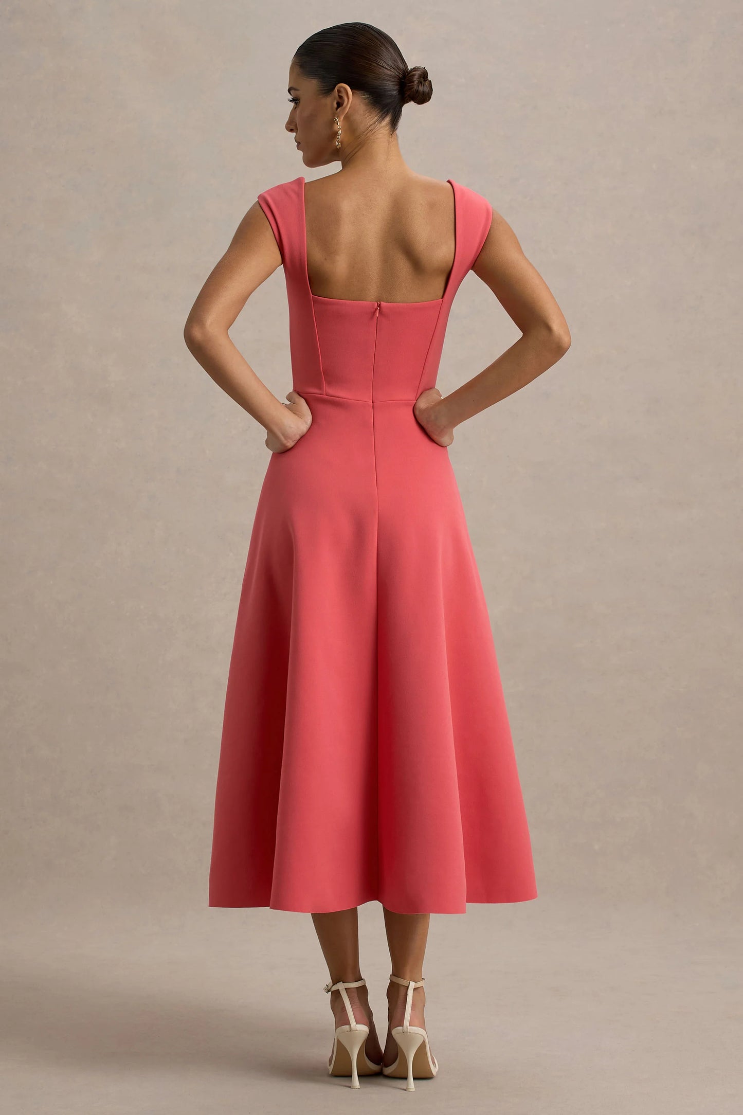 Andromeda Coral Sweetheart-Neck Midi Dress