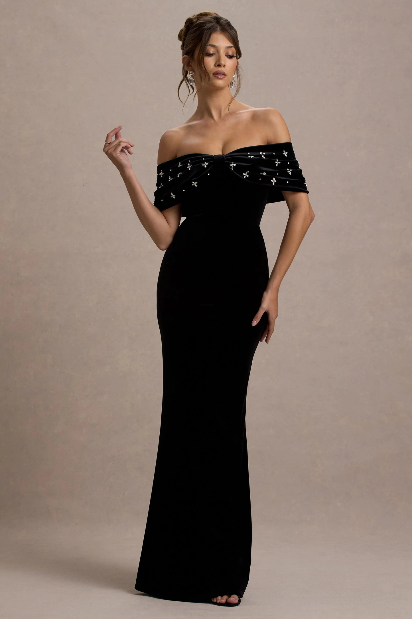 West End Black Velvet Embellished Bardot Maxi Dress