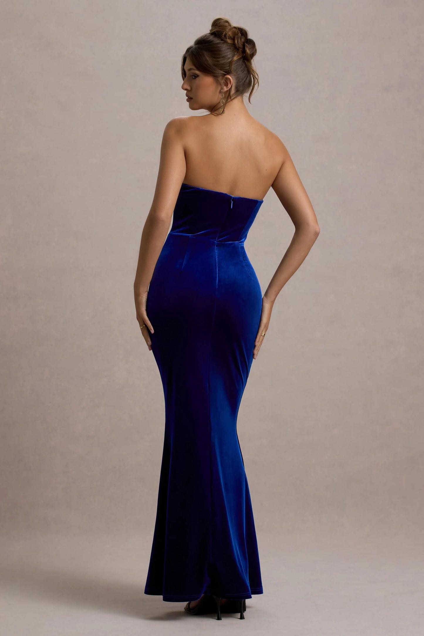 Pacifica Cobalt Velvet Plunge-Neck Strapless Maxi Dress