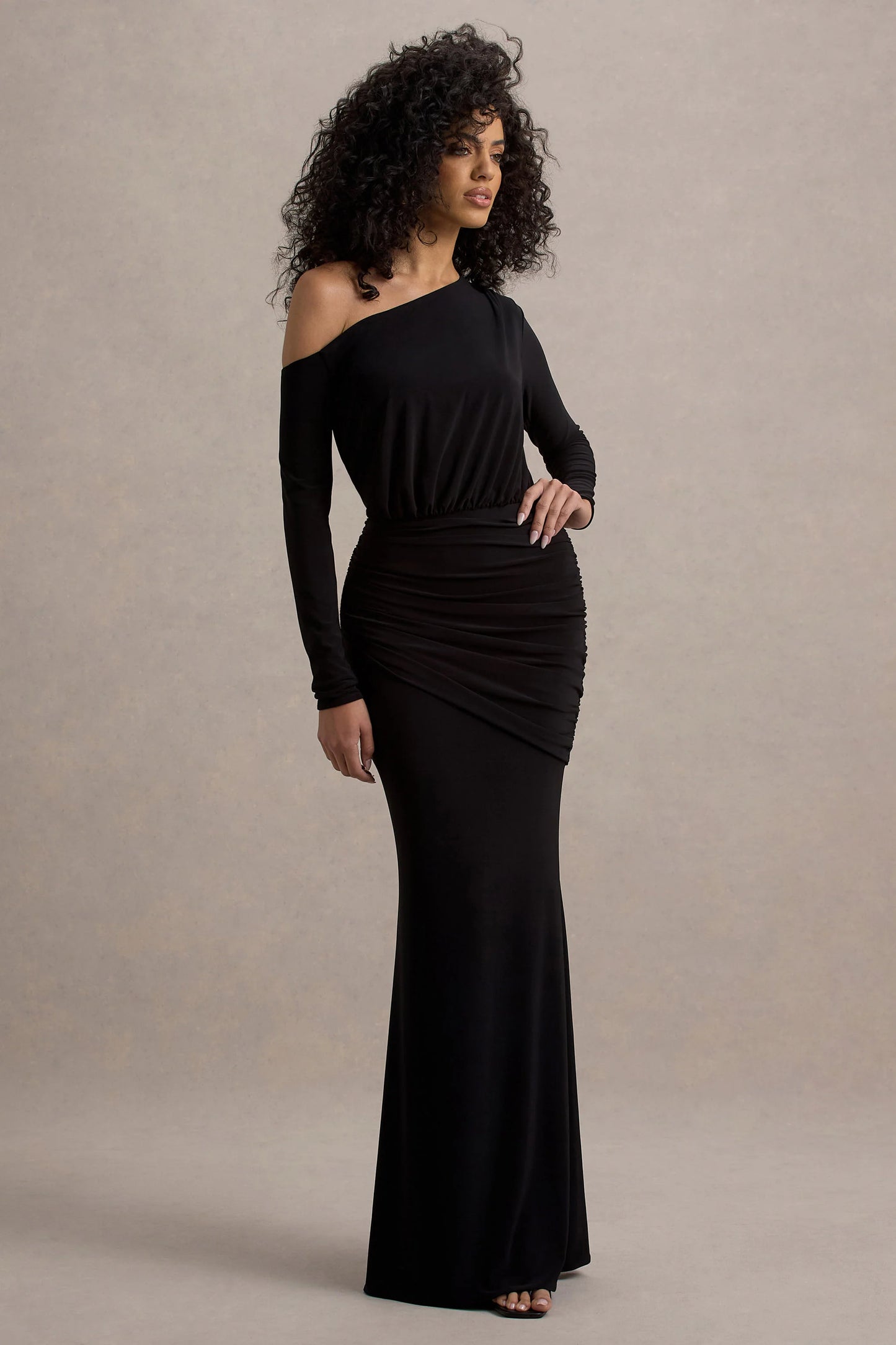Deanna Black Asymmetric Long-Sleeve Ruched Maxi Dress