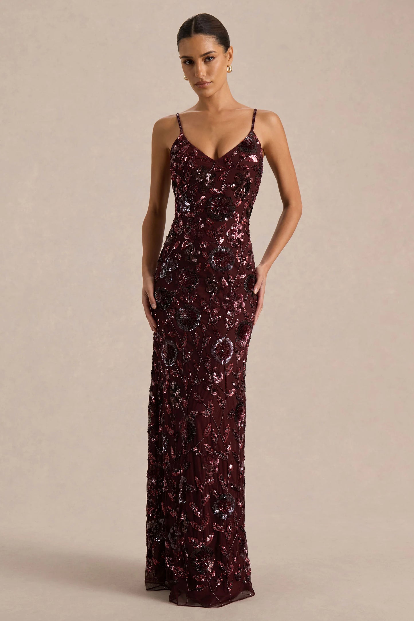 Gemini Burgundy Floral Sequin Embellished Strappy Maxi Dress