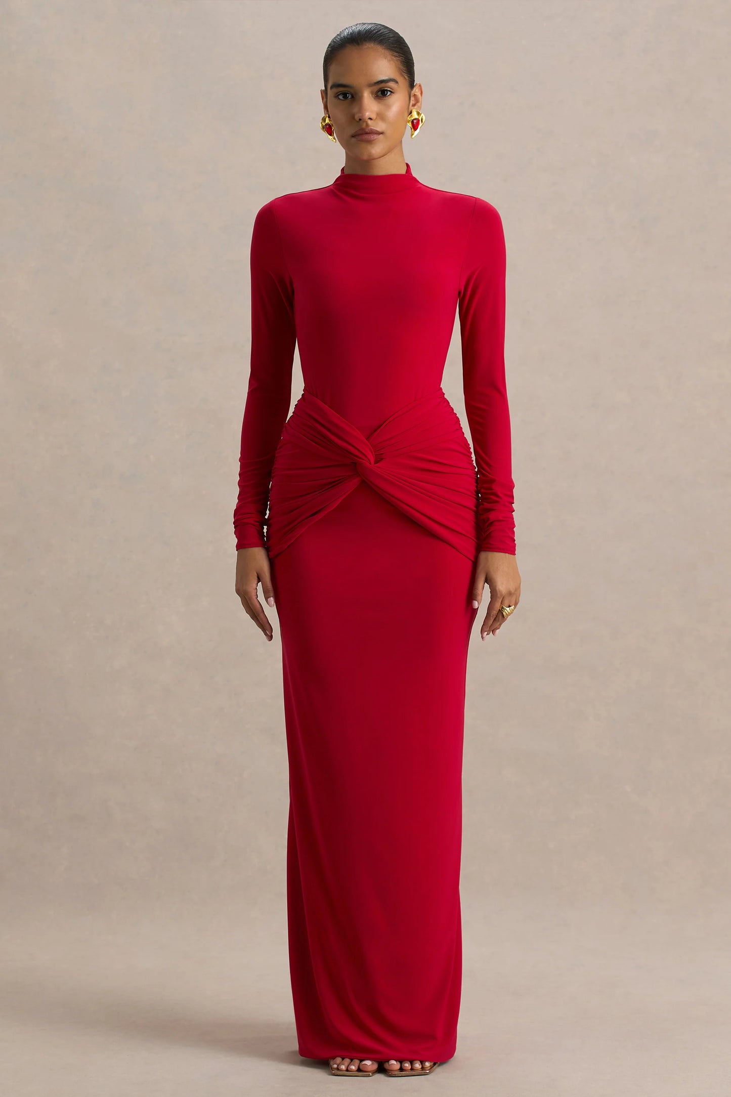 Alula Red High-Neck Maxi Dress With Twist Detail