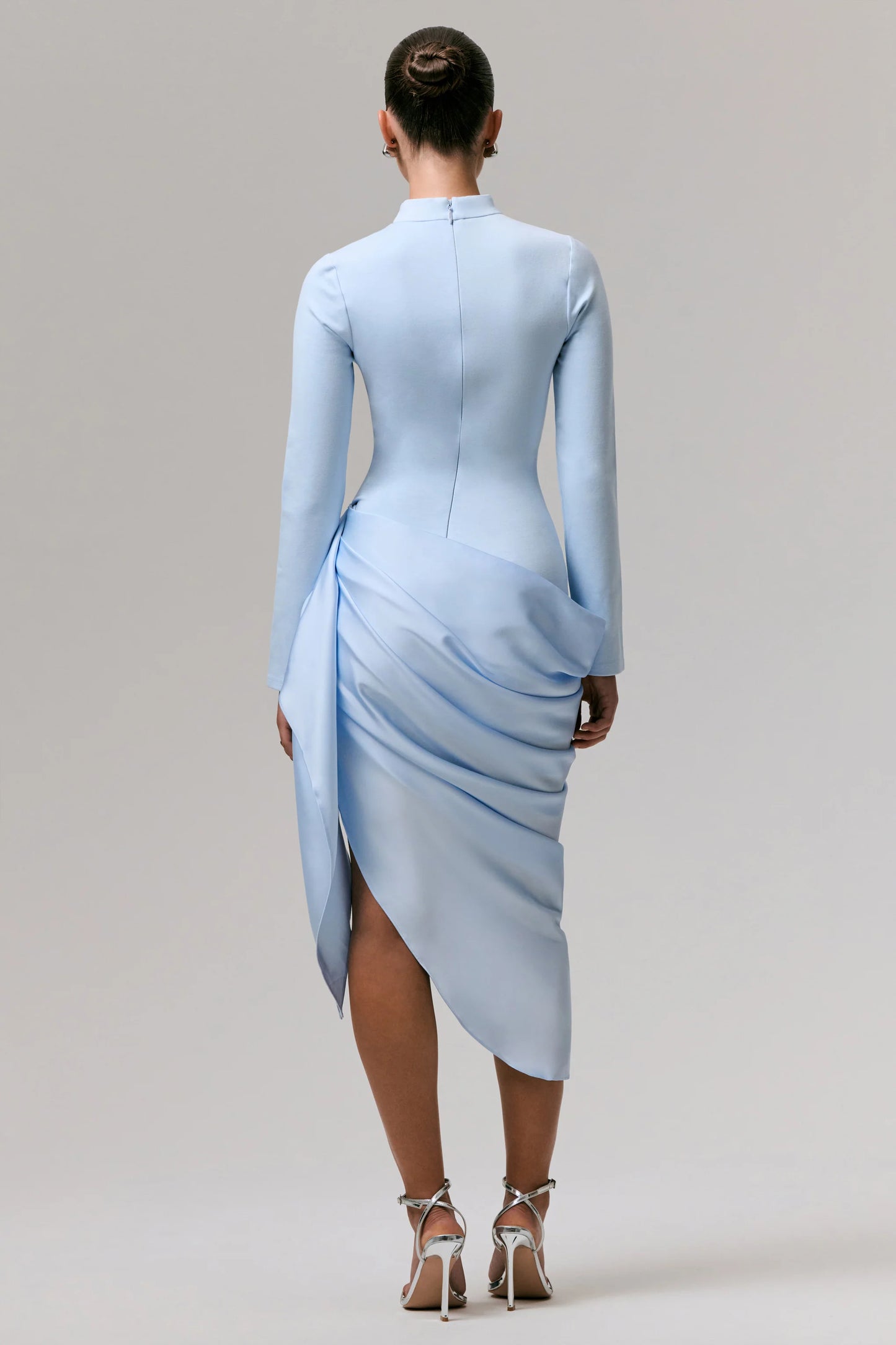 Raffie Powder Blue Long-Sleeve Midi Dress With Satin Wrap Skirt
