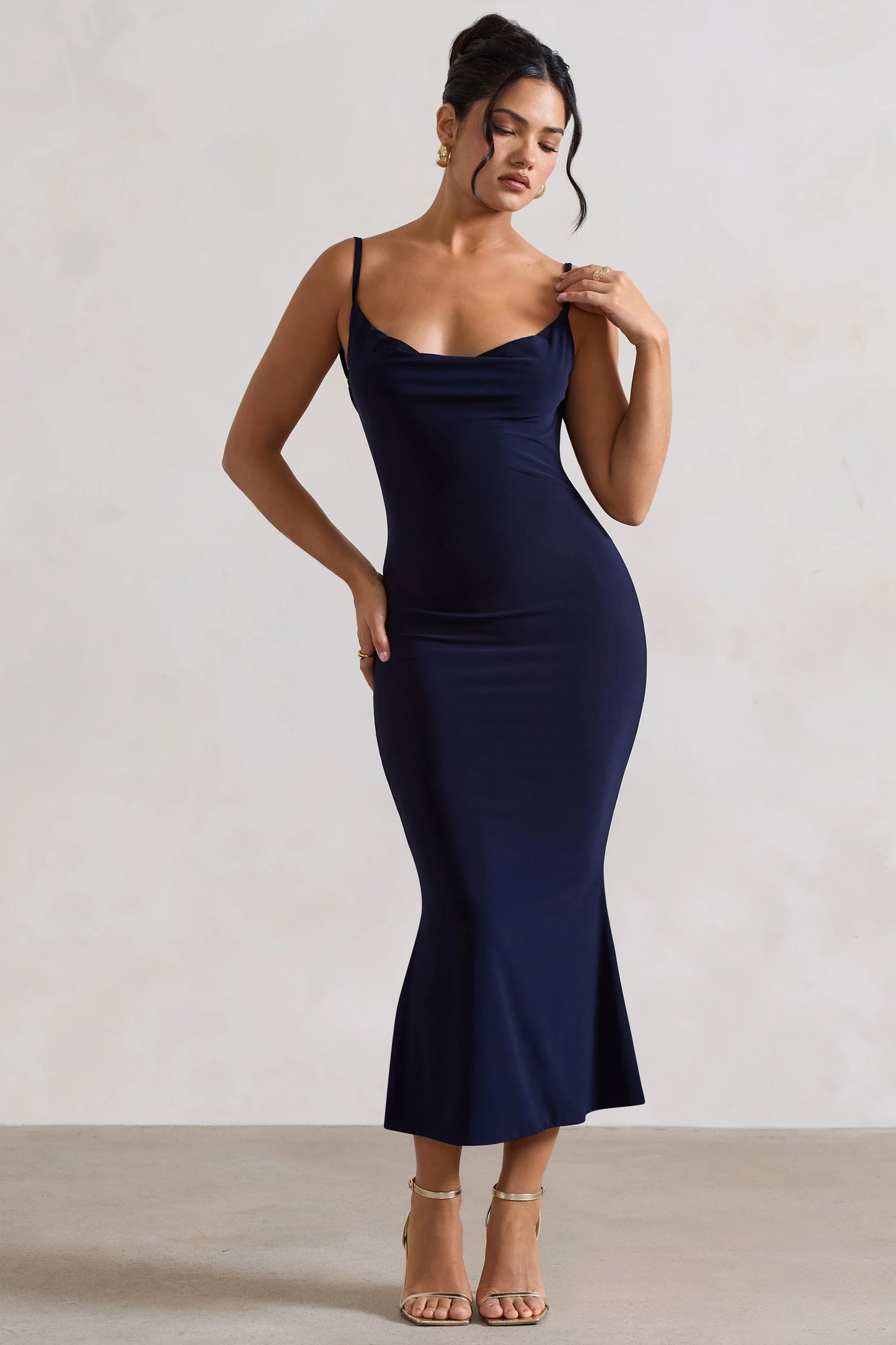 Addison Navy Cowl-Neck Open-Back Midi Dress With Lace