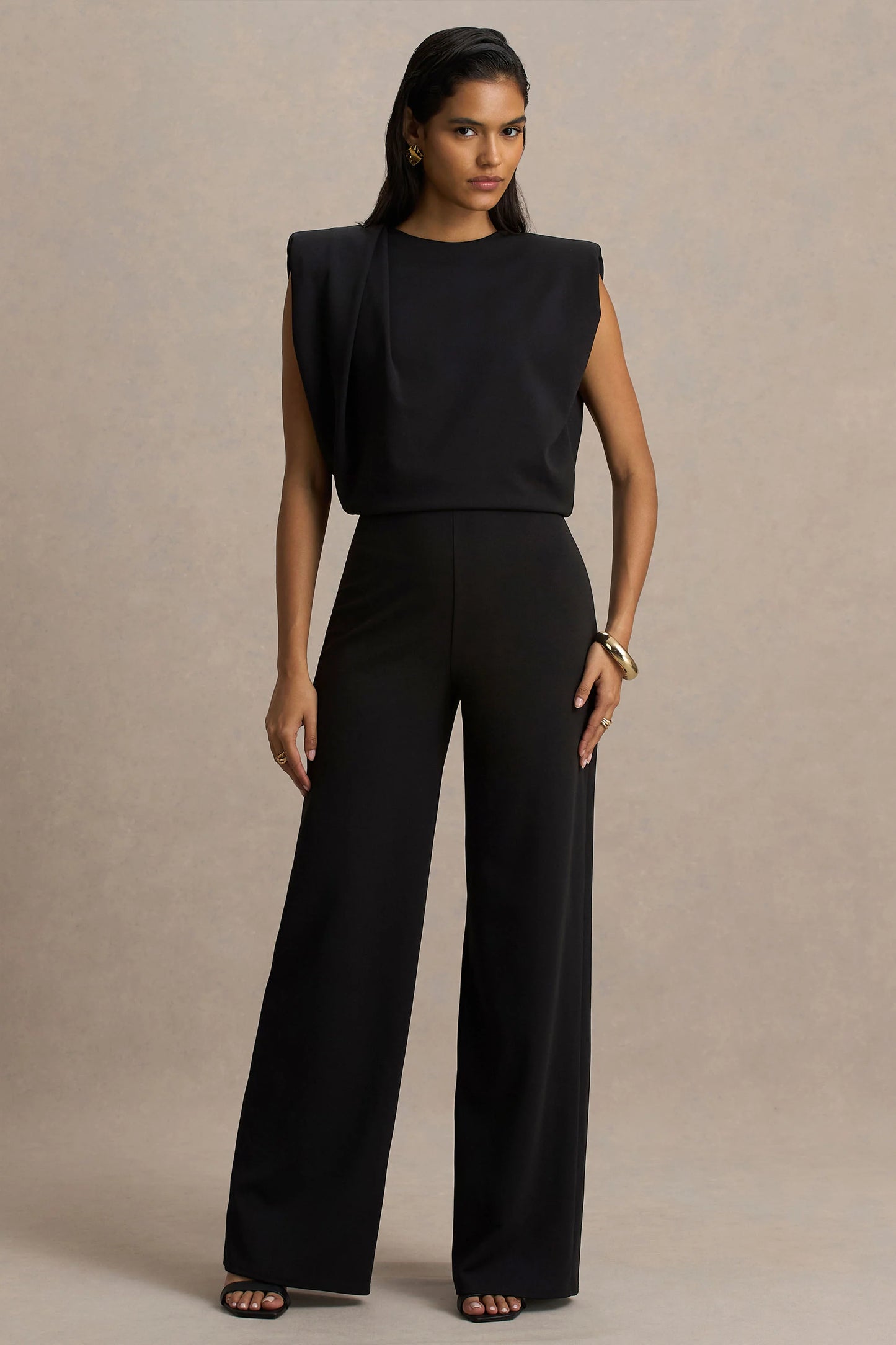 Tiff Black Crew-Neck Jumpsuit With Draped Detailing