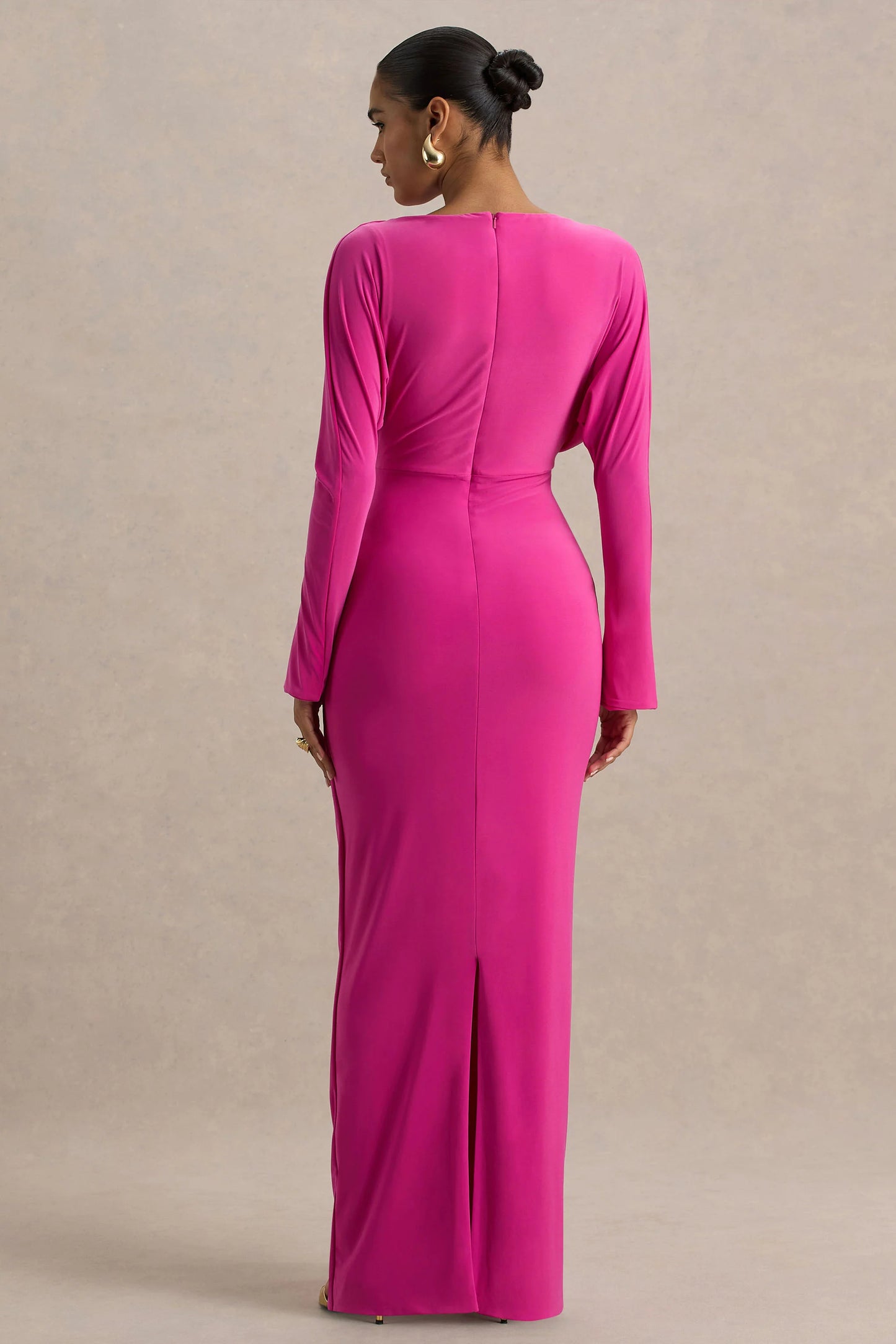Regina Hot Pink High-Neck Draped Wrap Maxi Dress