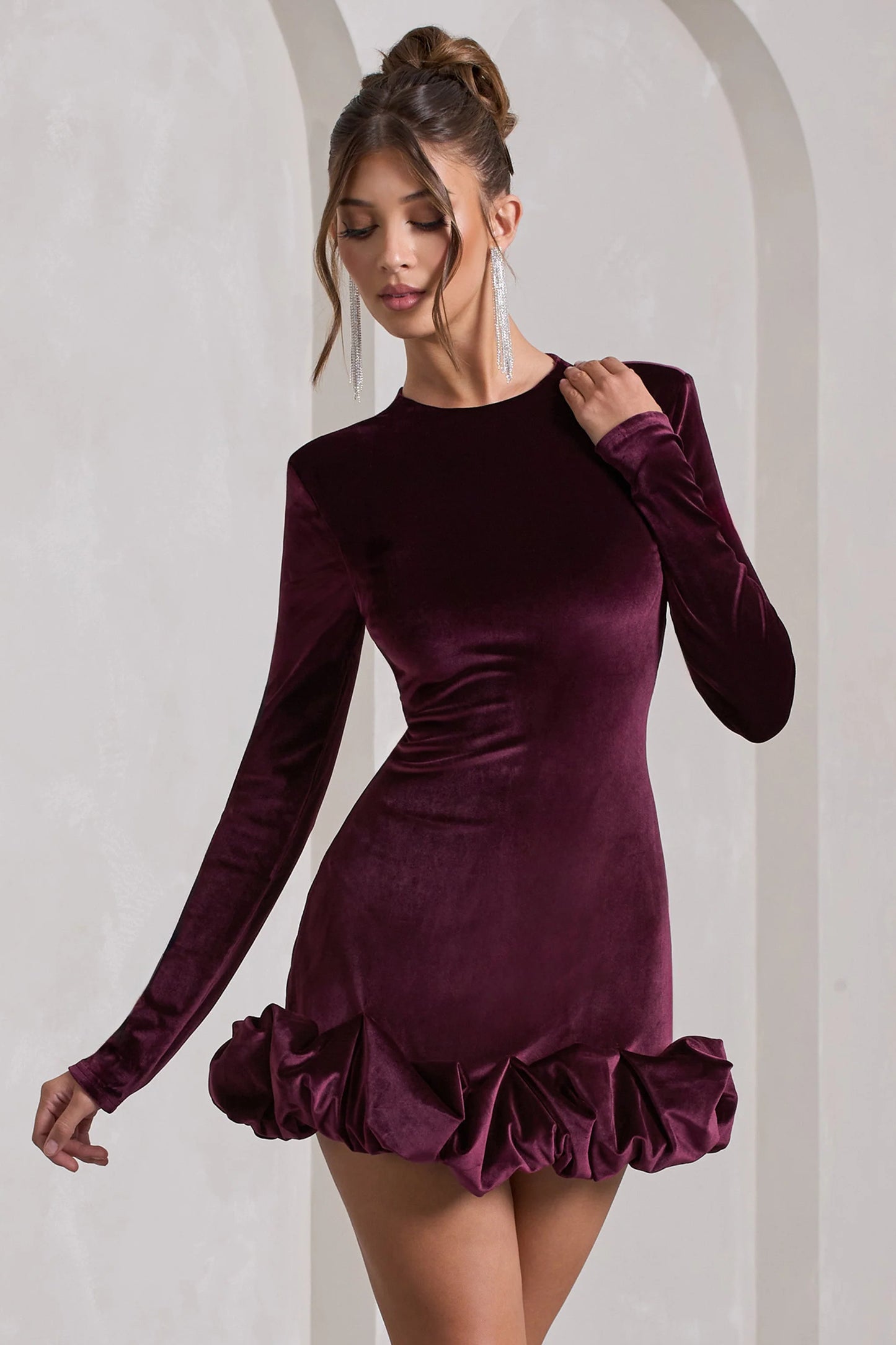Claudine Port Velvet Long-Sleeved Ruffled Mini Dress