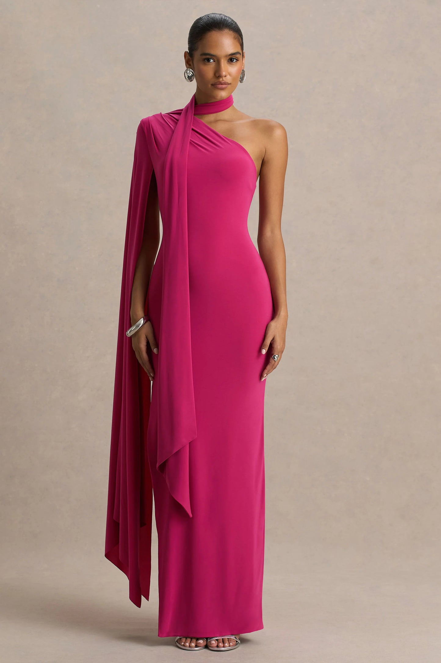 Amal Hot Pink Asymmetric-Neck Maxi Dress With Scarf and Cape Detail