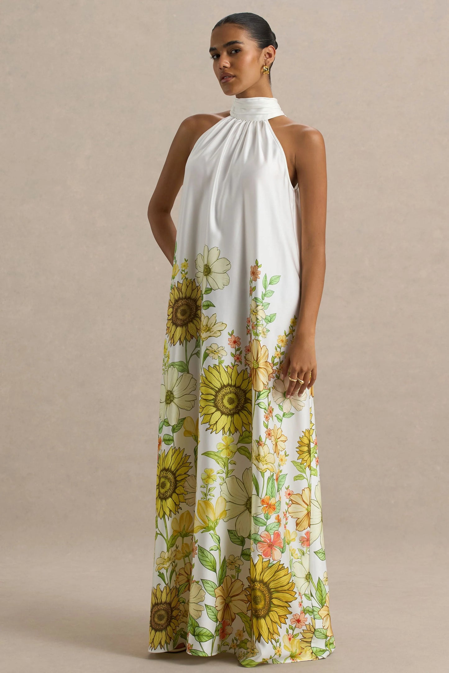 Glide Sunflower Print Satin High-Neck Slip Maxi Dress