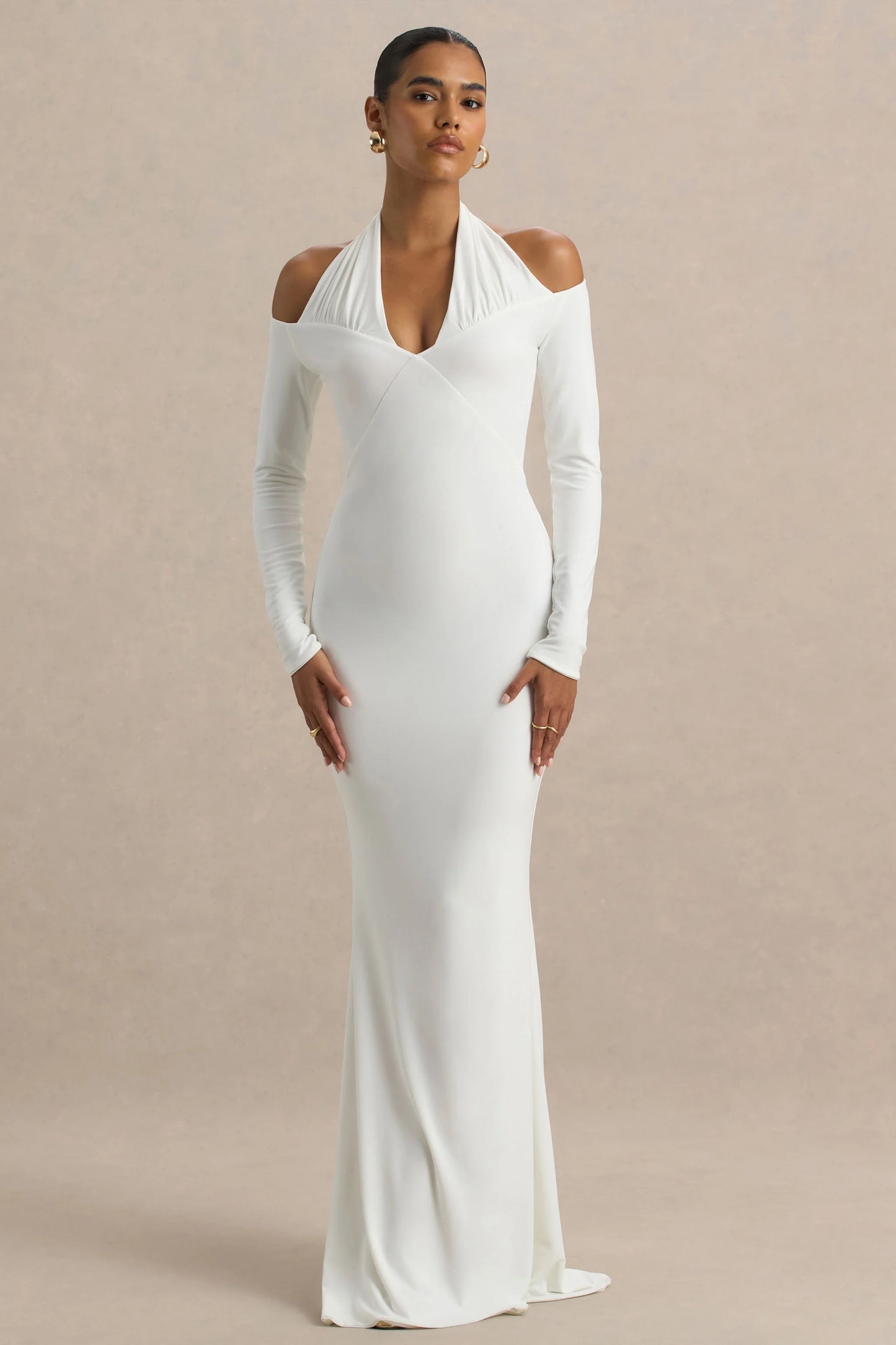 Living High White Halter-Neck Maxi Dress With Long Sleeves