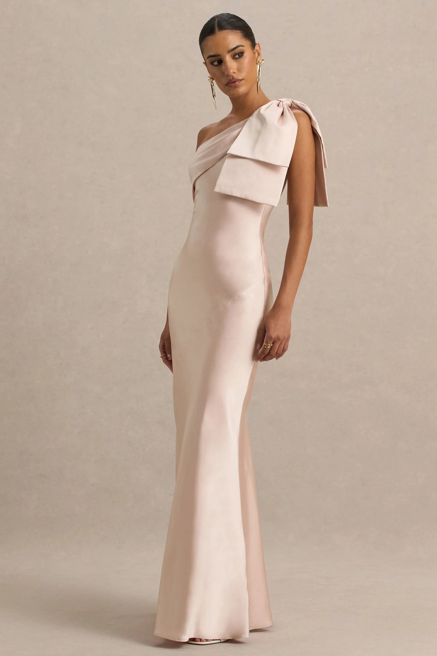 Valerie Light Pink Satin Asymmetric-Neck Maxi Dress With Bow Detail