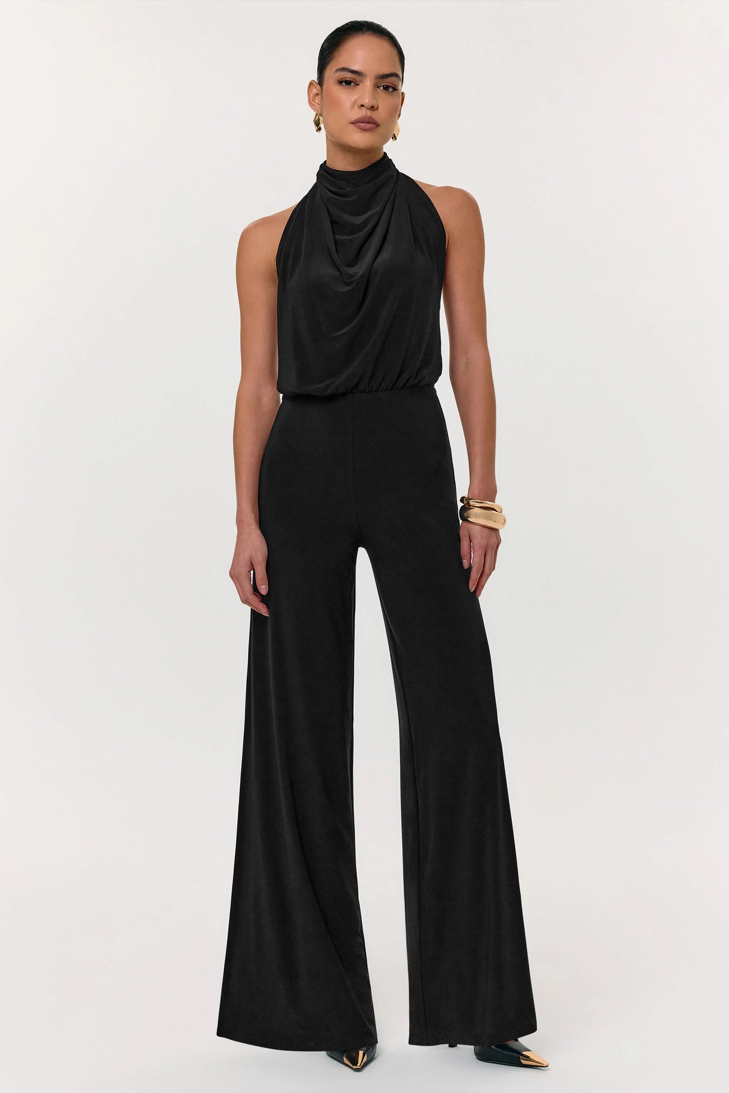Asha Black High-Neck Jumpsuit With Ruched Detail