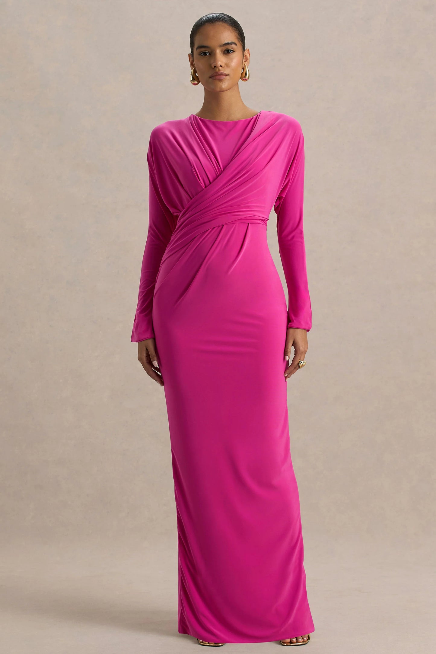 Regina Hot Pink High-Neck Draped Wrap Maxi Dress