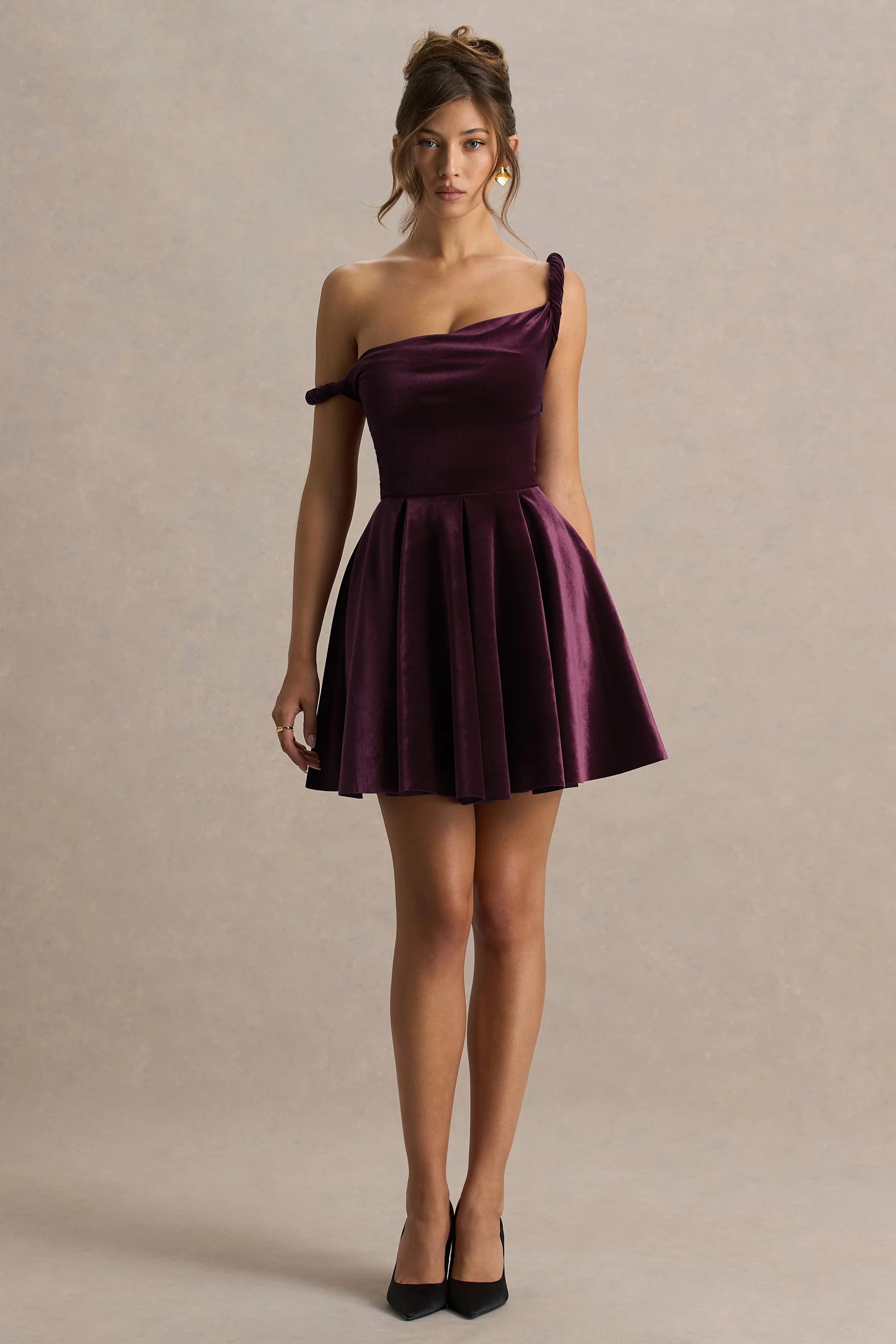 Leticia Burgundy Velvet Asymmetric-Neck Velvet Mini Dress With Twist-Sleeve