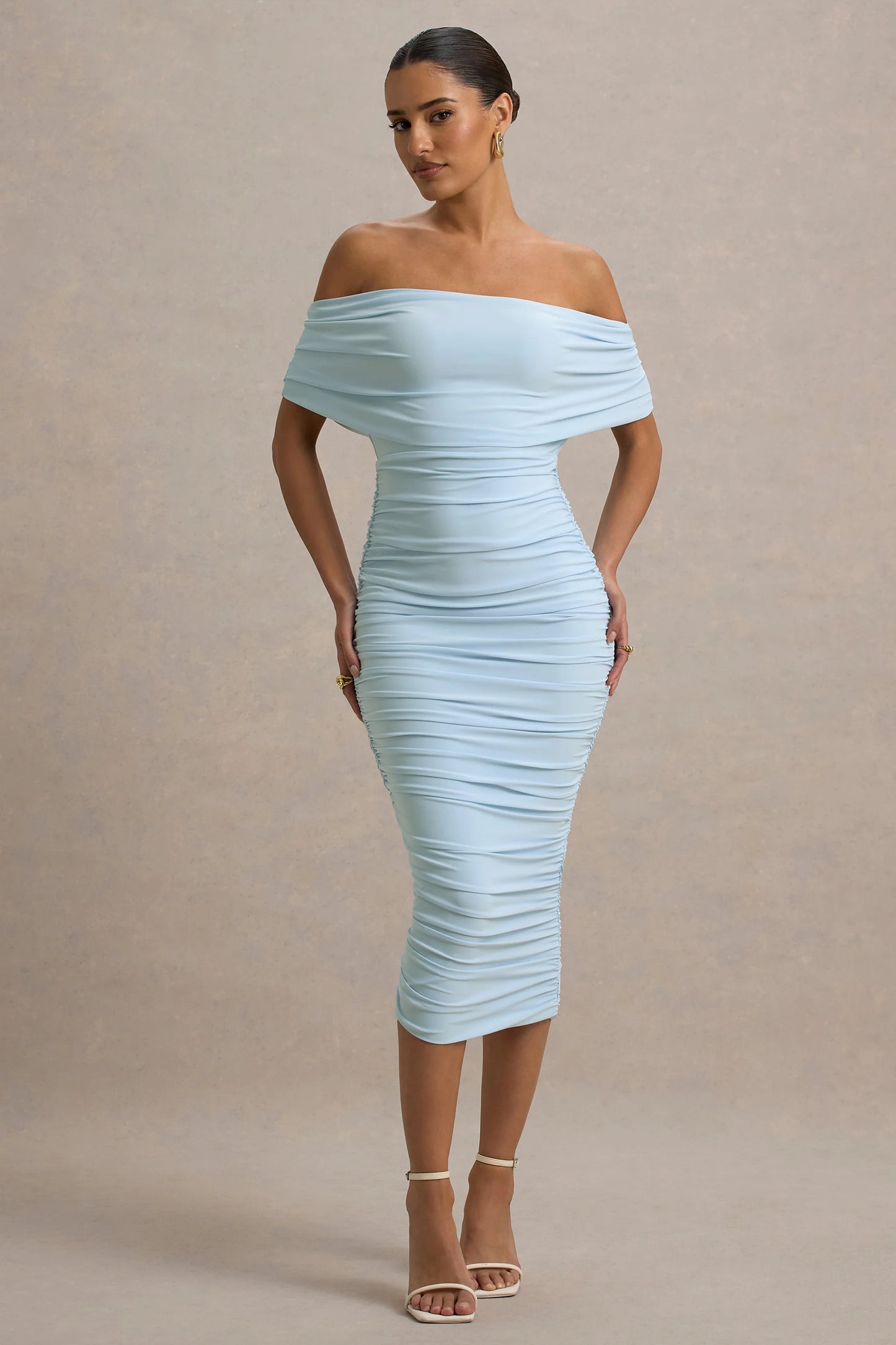 Rayleigh Powder Blue Bardot Ruched Midi Dress