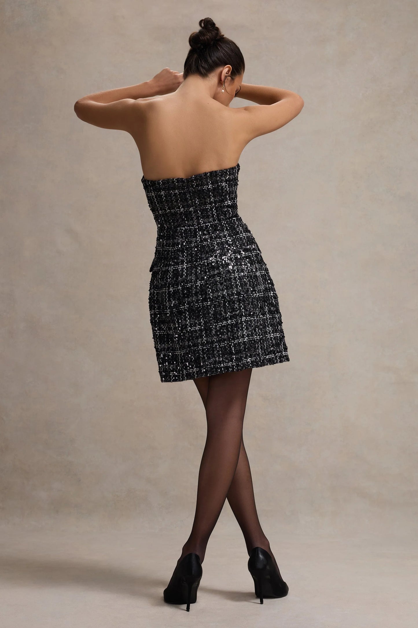 Park Avenue Black Boucle Strapless Tailored Mini Dress