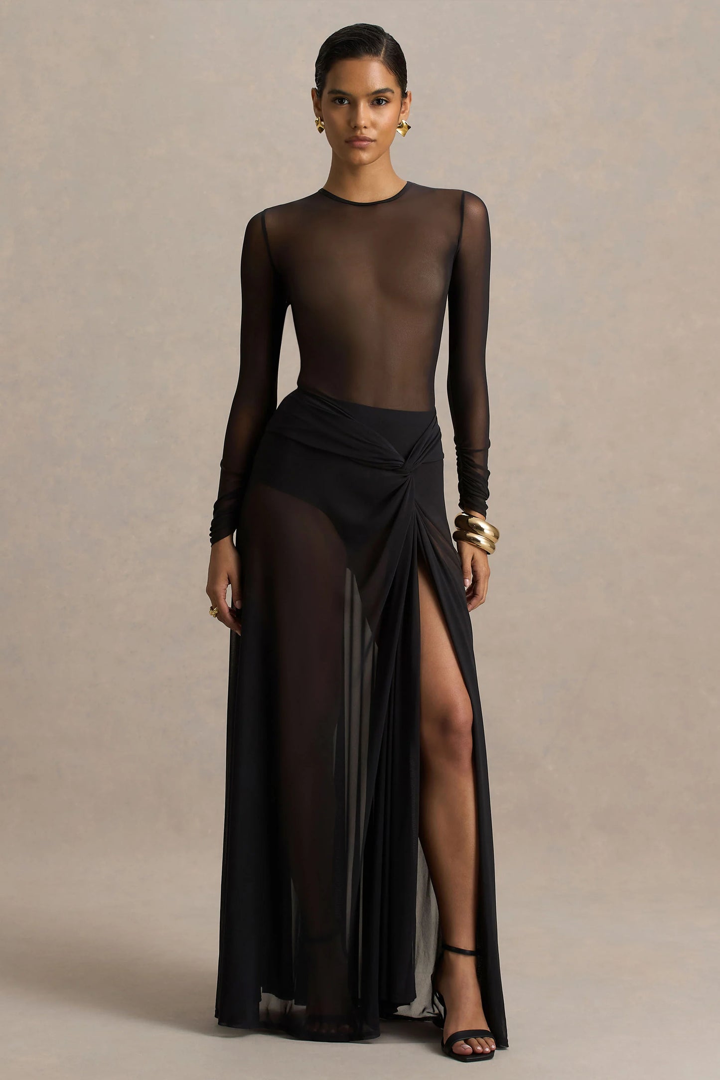 Koami Black Mesh Long-Sleeve Ruched Maxi Dress With High Split