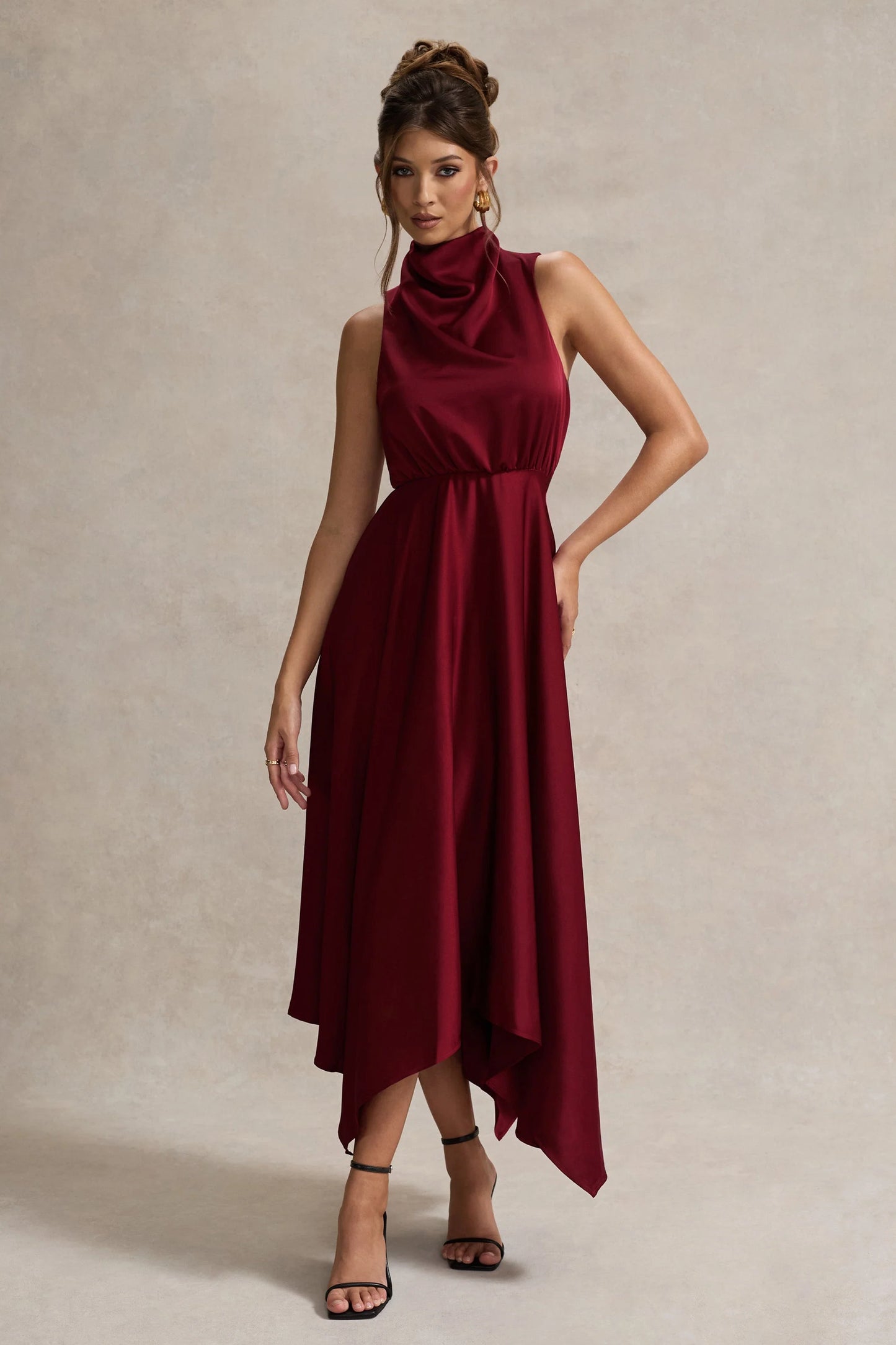 Kerri Berry Satin Cowl-Neck Maxi Dress
