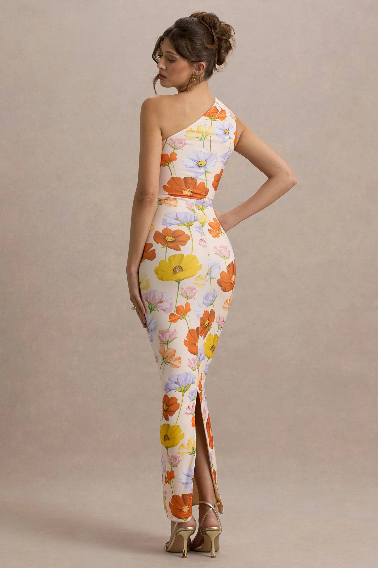 Dalarie Bright Floral Print One-Shoulder Gathered Maxi Dress