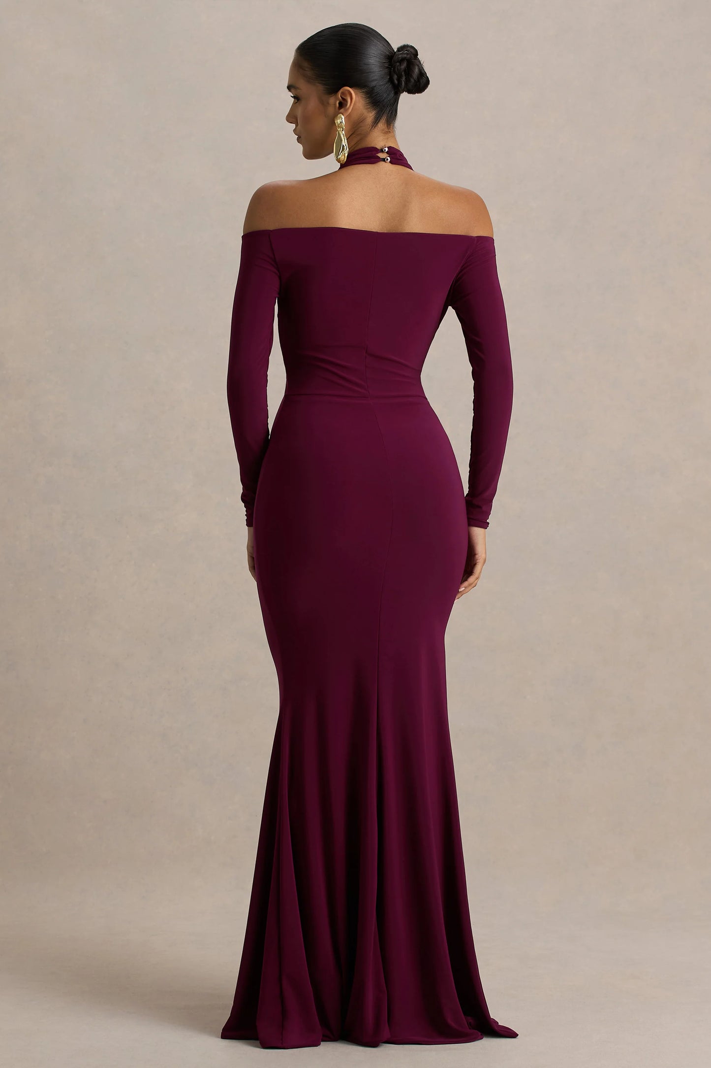 Living High Burgundy Halter-Neck Maxi Dress With Long Sleeves