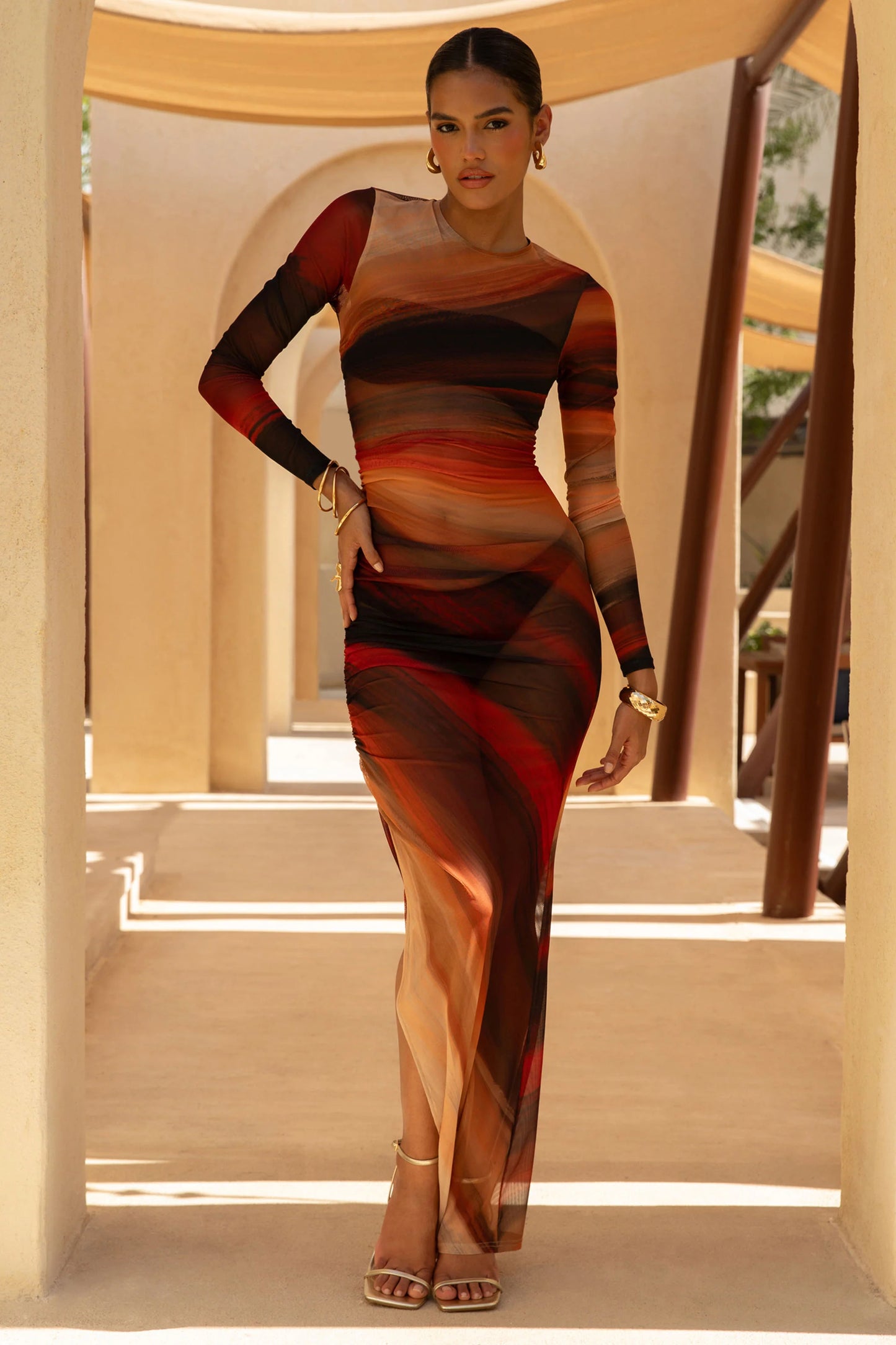 Barzilio Ombre Long-Sleeve Bodycon Maxi Dress