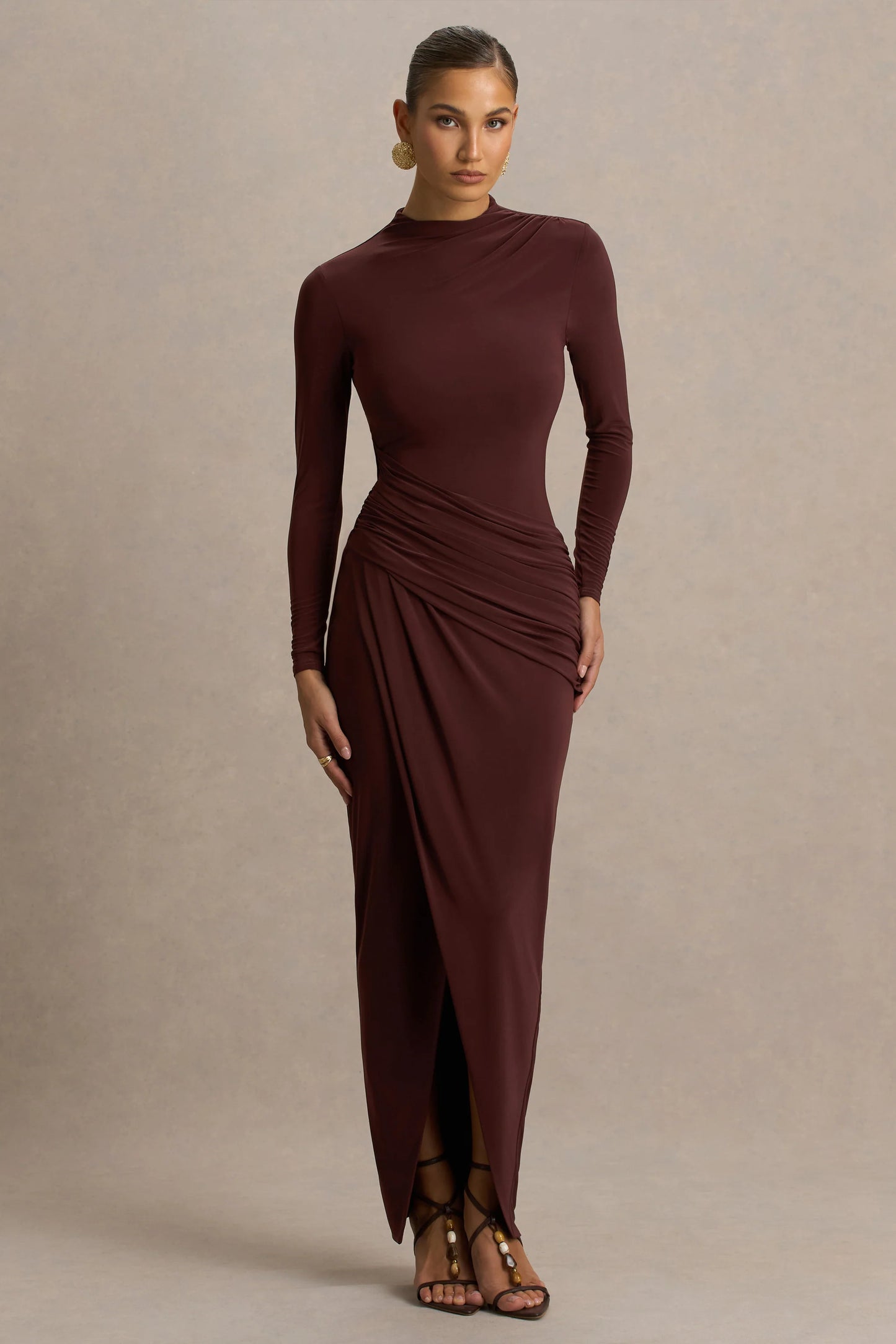 Zephyra Brown High-Neck Wrapped Maxi Dress