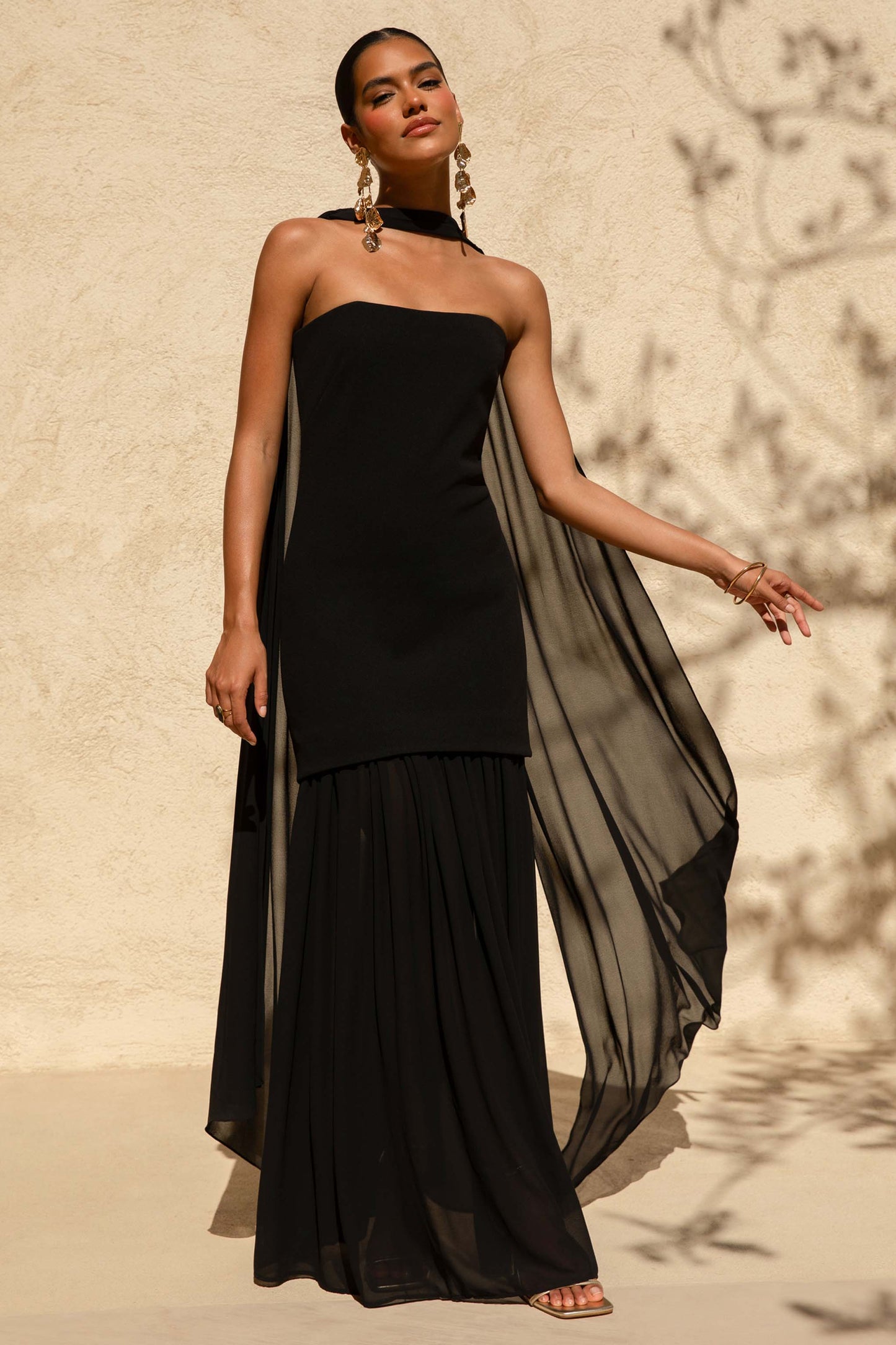 Kylie Black High-Neck Maxi Dress With Chiffon Skirt