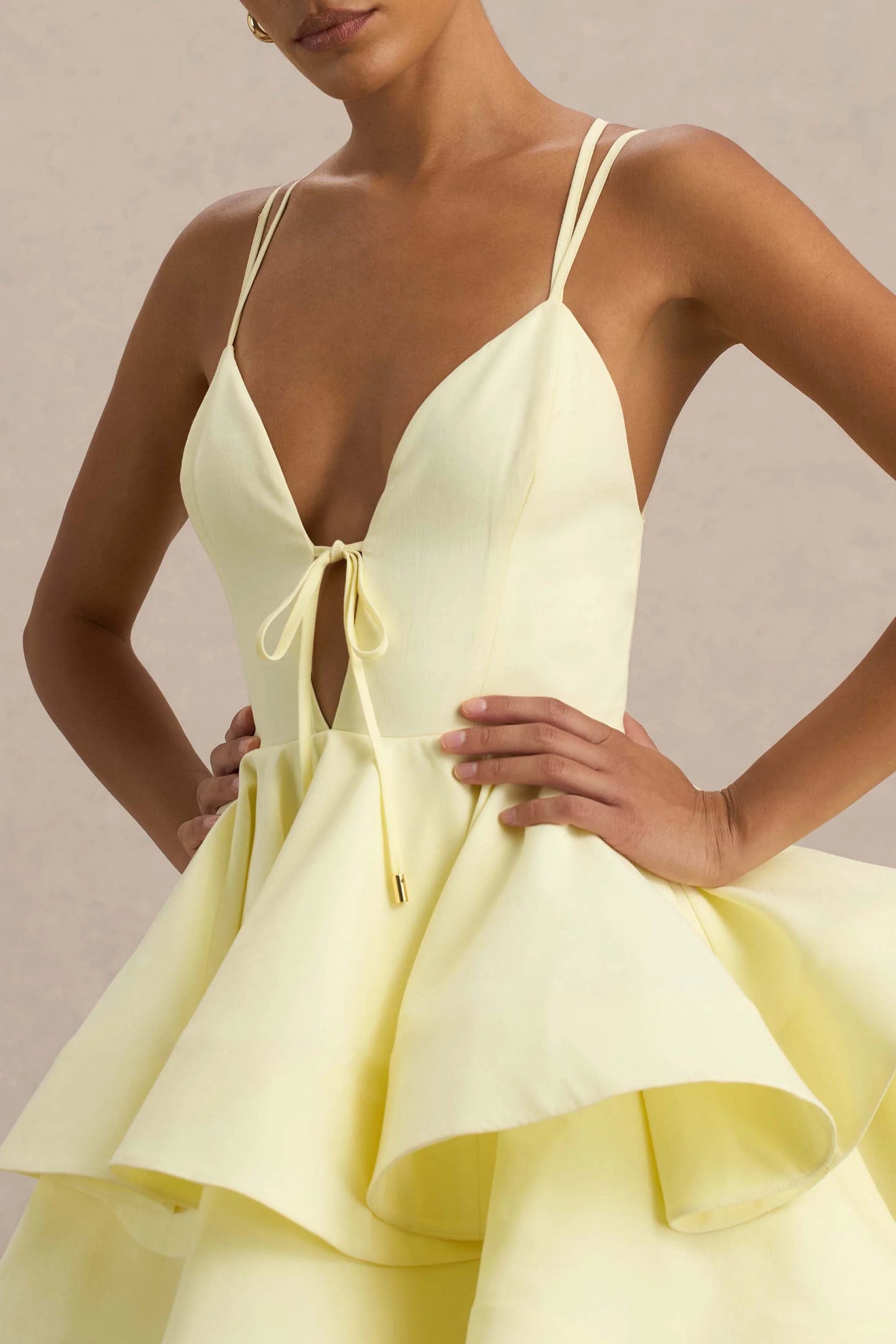 Flavia Lemon Plunge-Neck Ruffled Skater Micro-Mini Dress