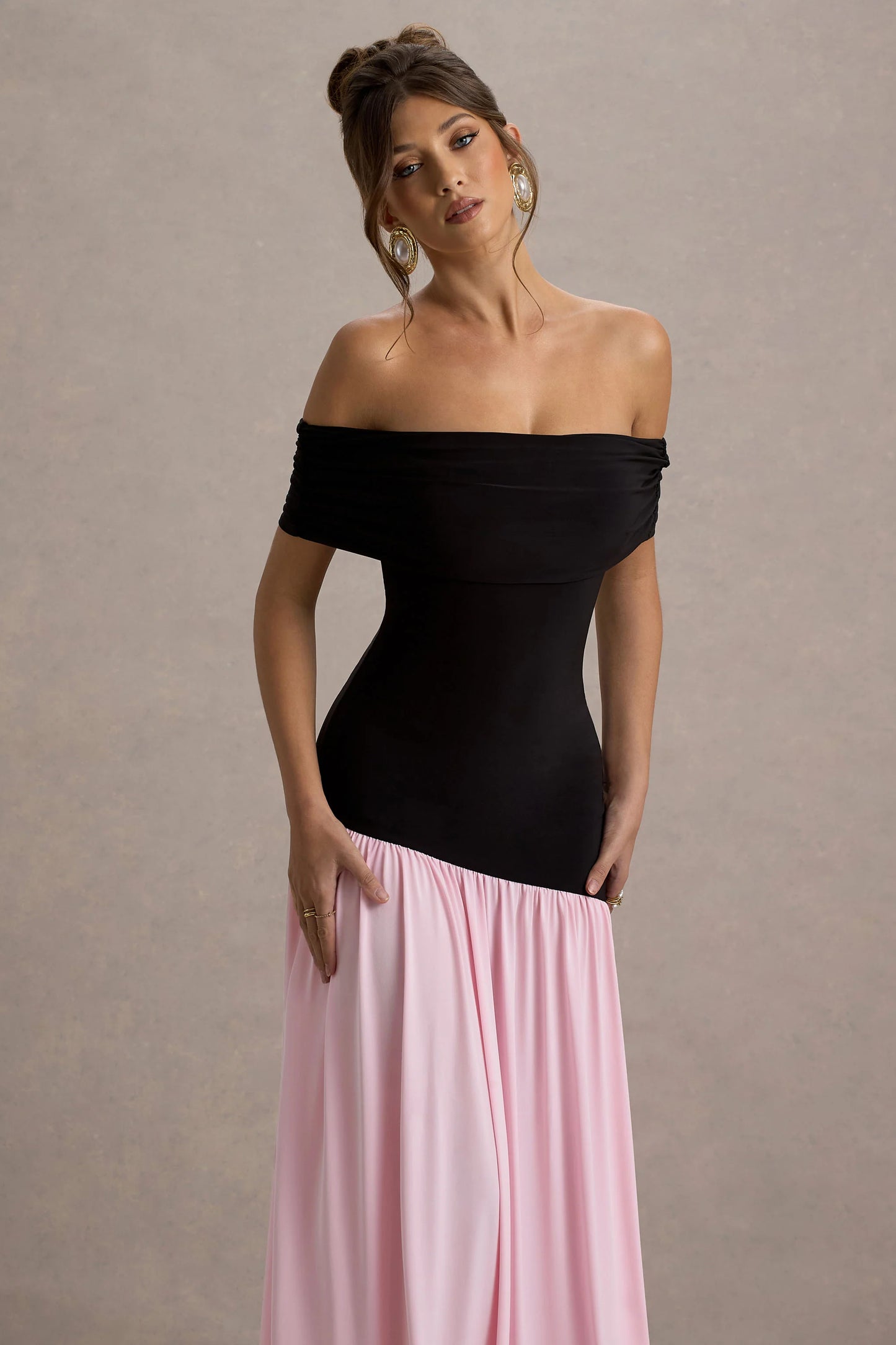 Venezia Black & Pink Bardot Maxi Dress With Drop-Waist