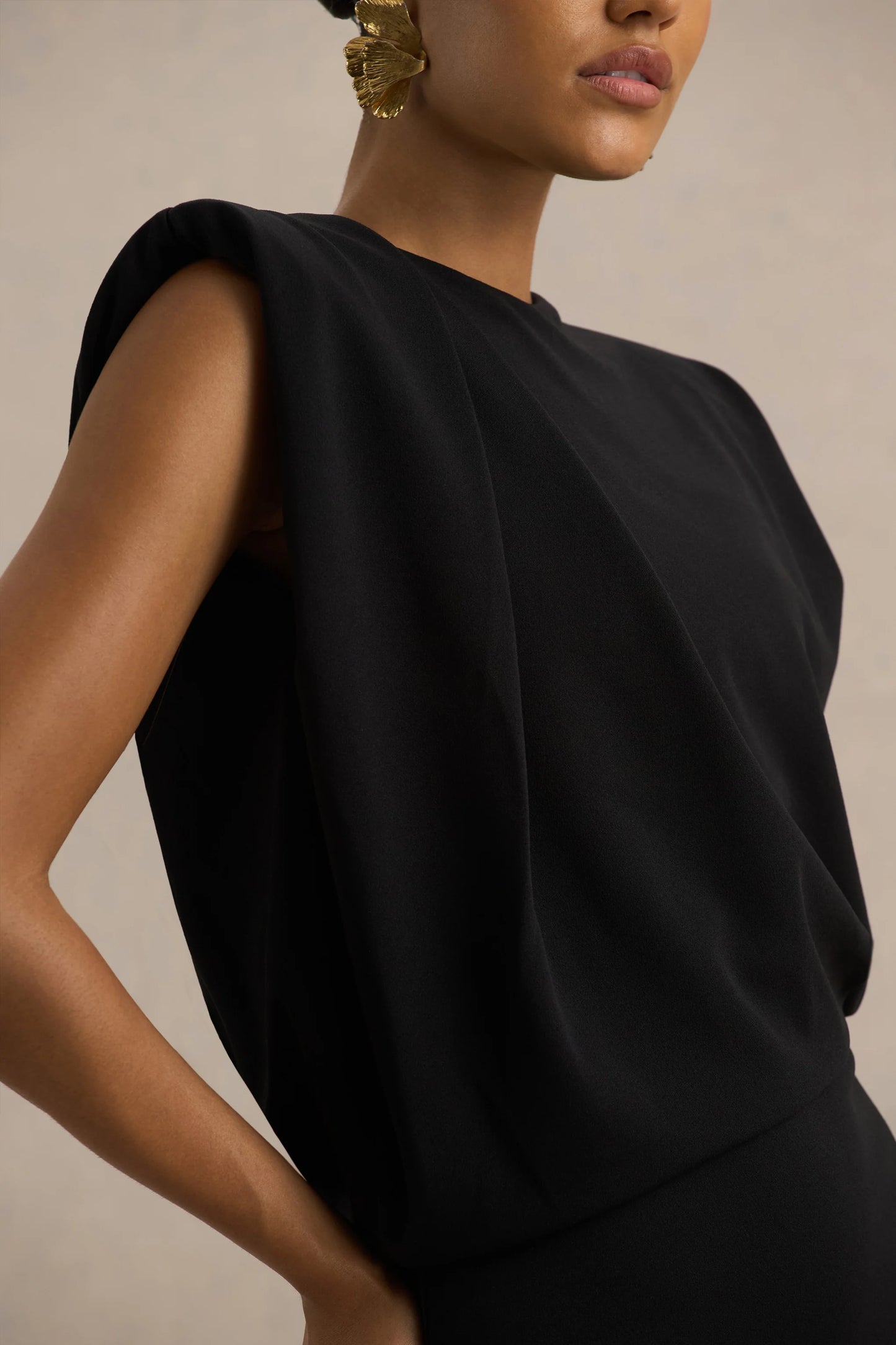 Meave Black Boat-Neck Maxi Dress With Draped Detail
