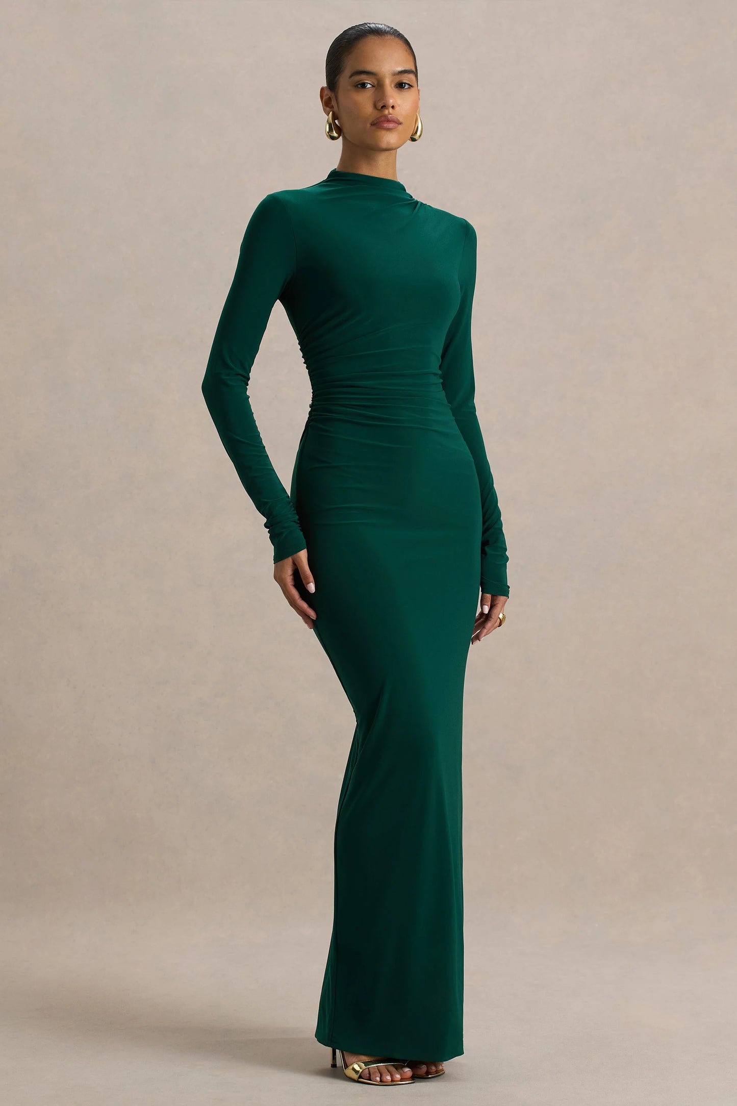 Eden Bottle Green High-Neck Maxi Dress With Ruched Detailing