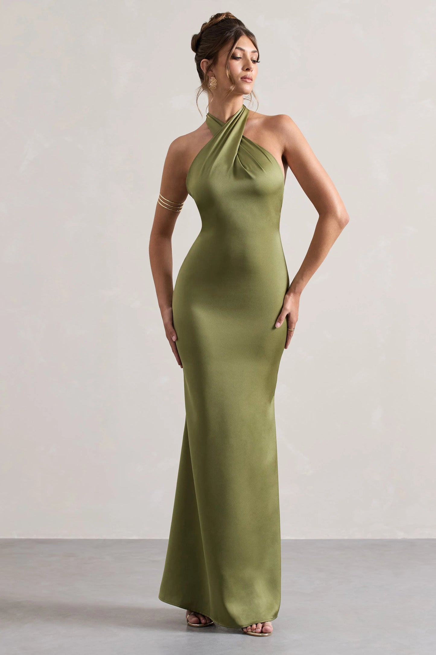 Unbeatable Olive Satin Cross Over Halter-Neck Maxi Dress