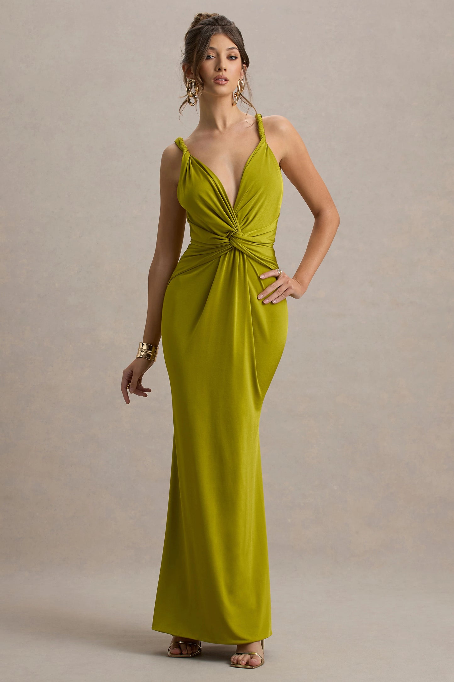 Santez Green Twisted Plunge-Neck Maxi Dress