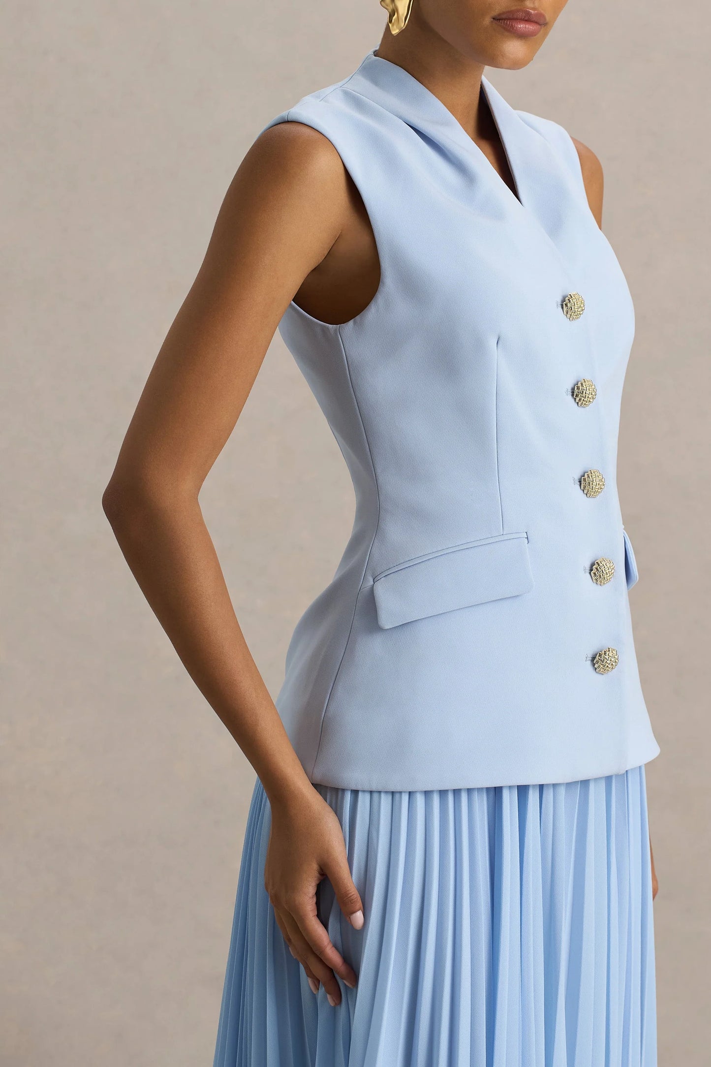 Heavenly Powder Blue High Neck Maxi Dress With Pleated Detailing