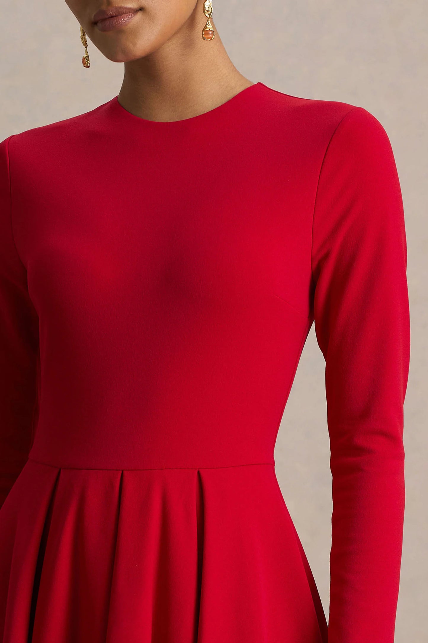 Bellamy Red Crew-Neck Long-Sleeve Midi Dress