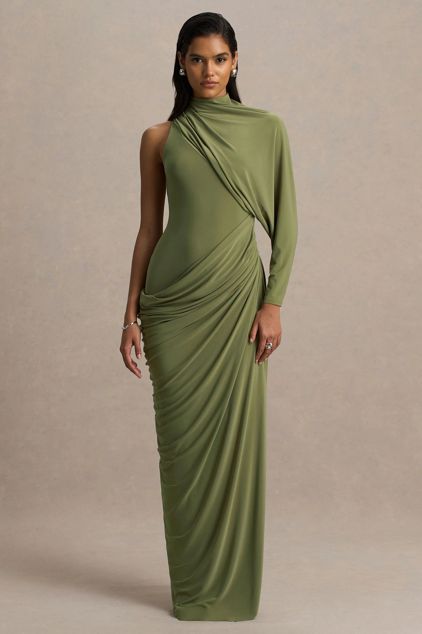 Aphra Green High-Neck Maxi Dress With Cape-Sleeve