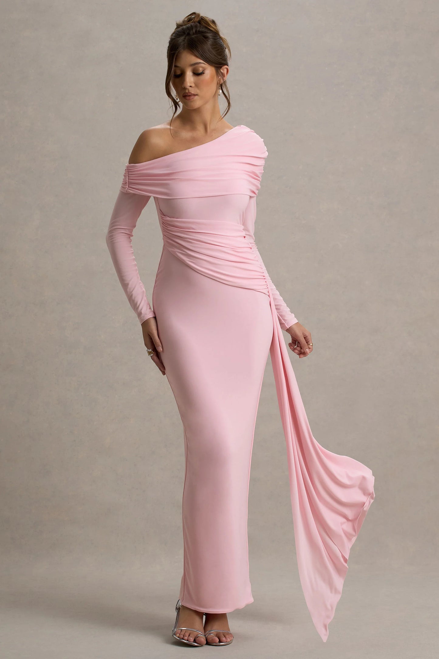 Valina Pink Ruched Asymmetric Maxi Dress With Drape