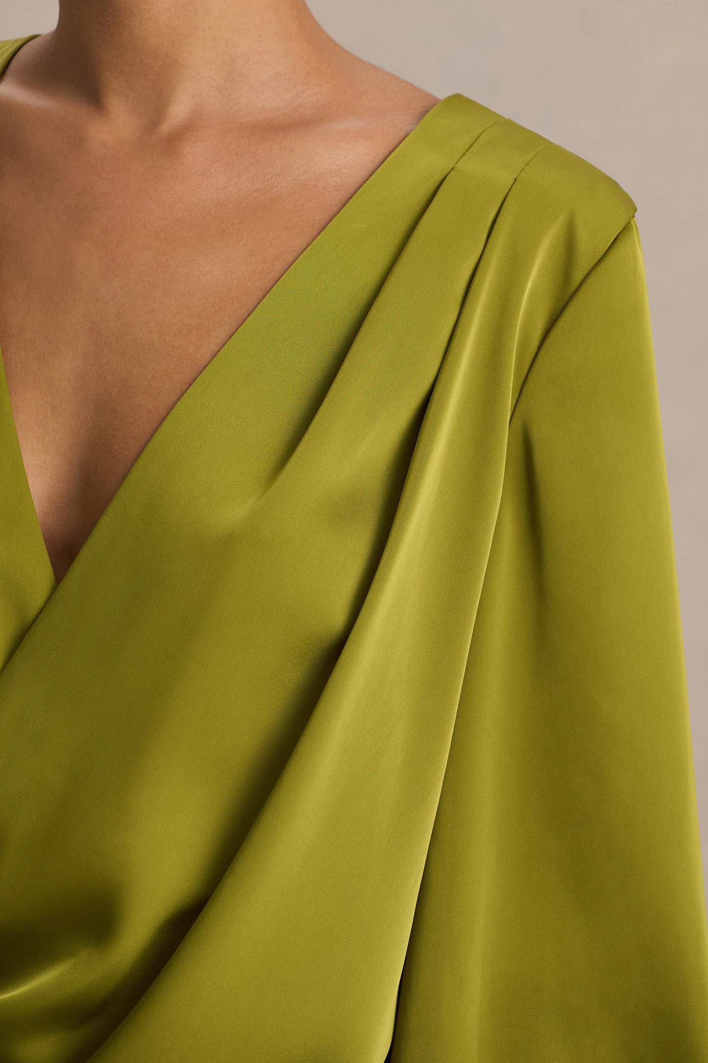 Cara Olive Satin Plunge-Neck Micro-Mini Dress With Long Sleeve