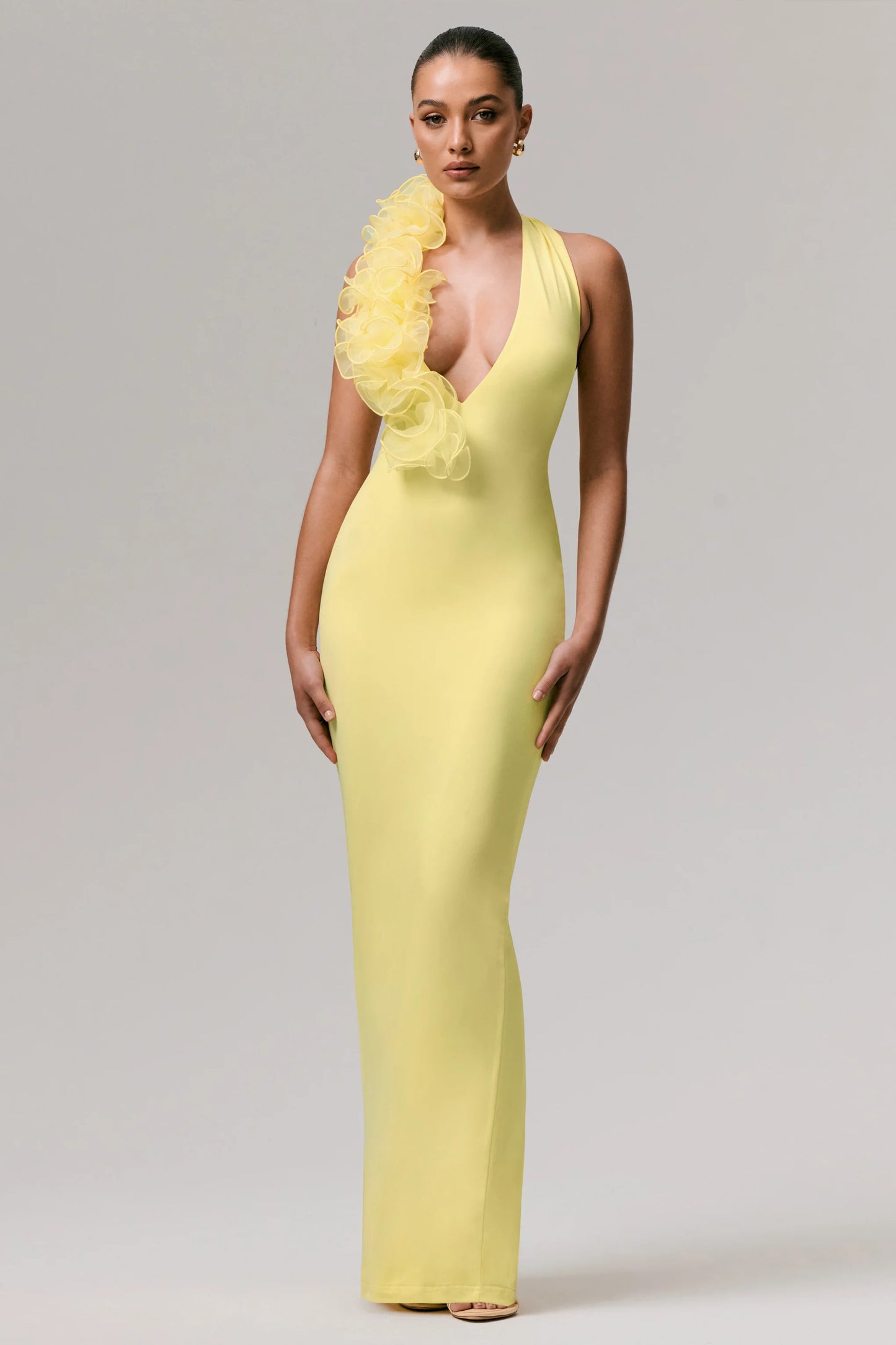 Harriet Lemon Plunge-Neck Maxi Dress With Floral Detail