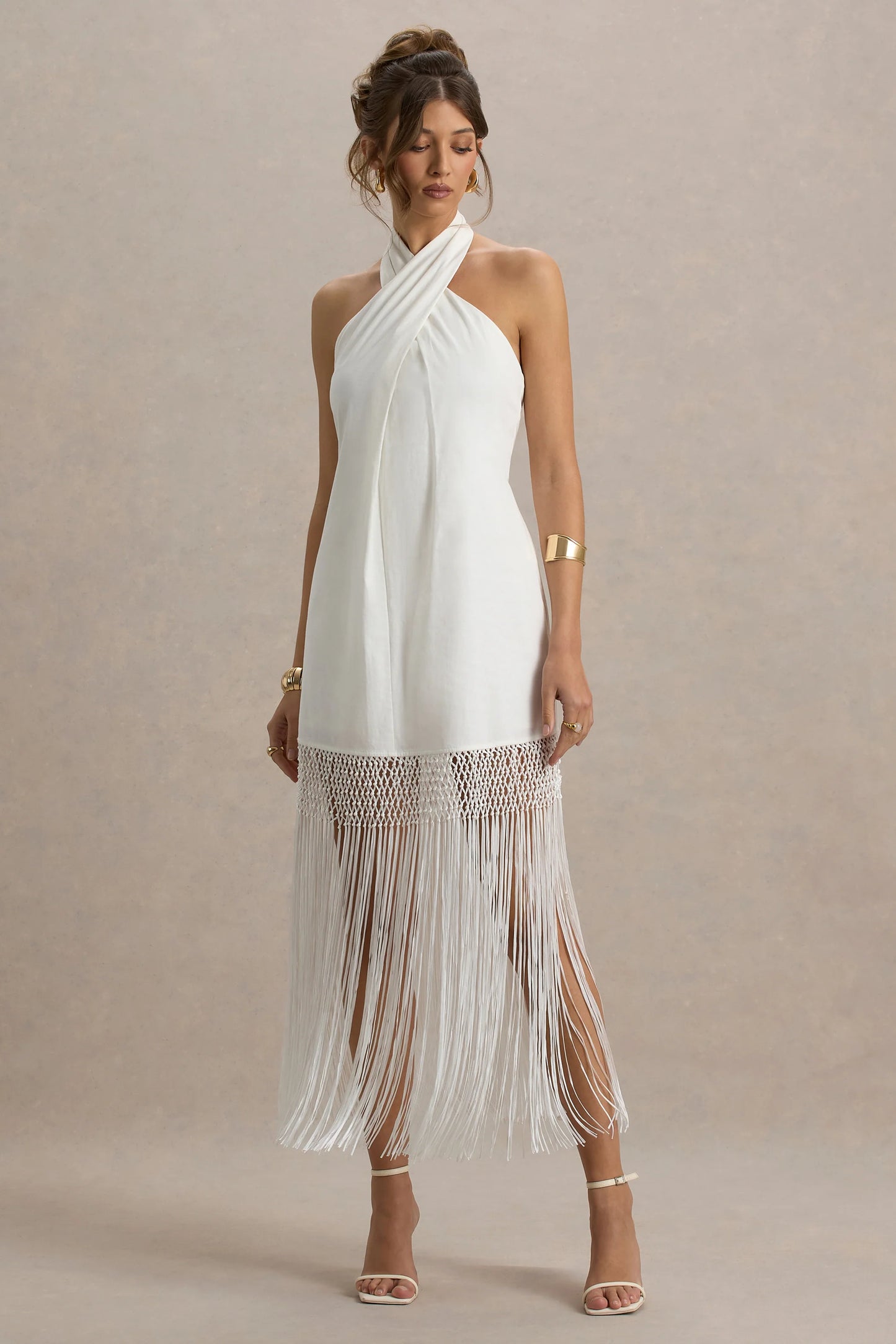 Fiametta Ecru Linen Halter-Neck Fringe Maxi Dress