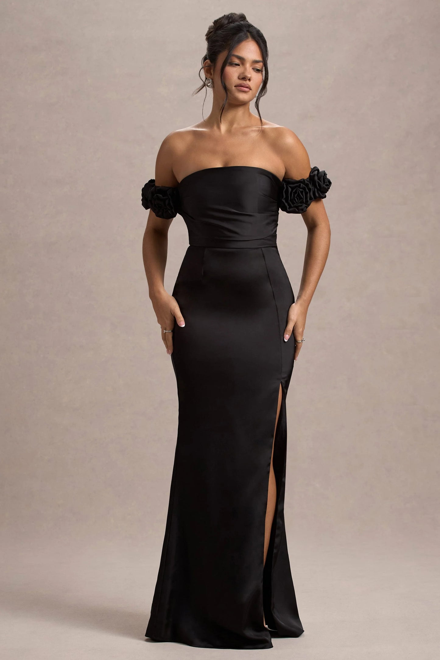 Senseless Black Satin Floral Bardot Maxi Dress