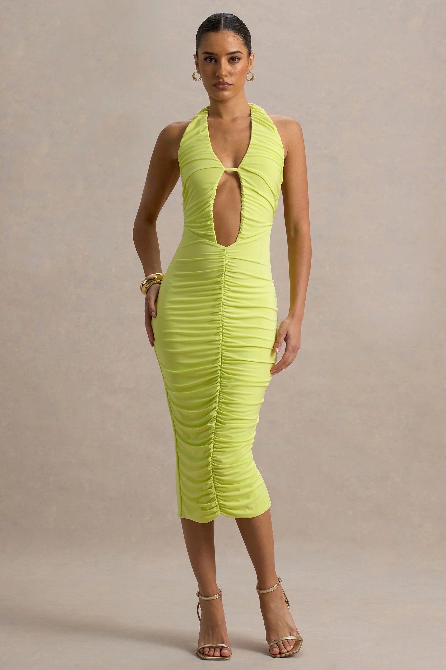 Anaisa Lime Green Plunge Halter-Neck Midi Dress