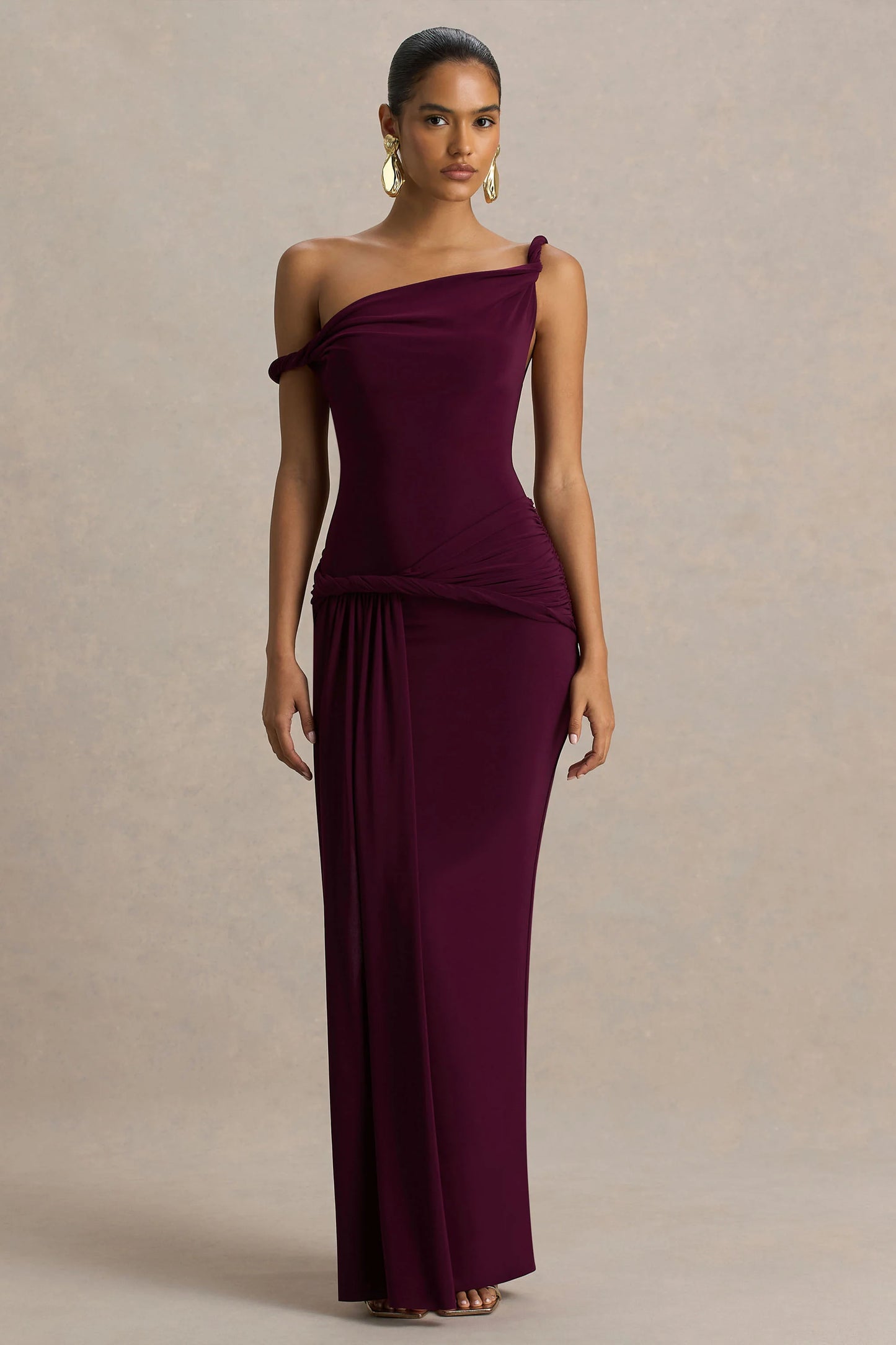 Tulisa Burgundy Asymmetric-Neck Maxi Dress With Twist Sleeves And Ruched Detailing