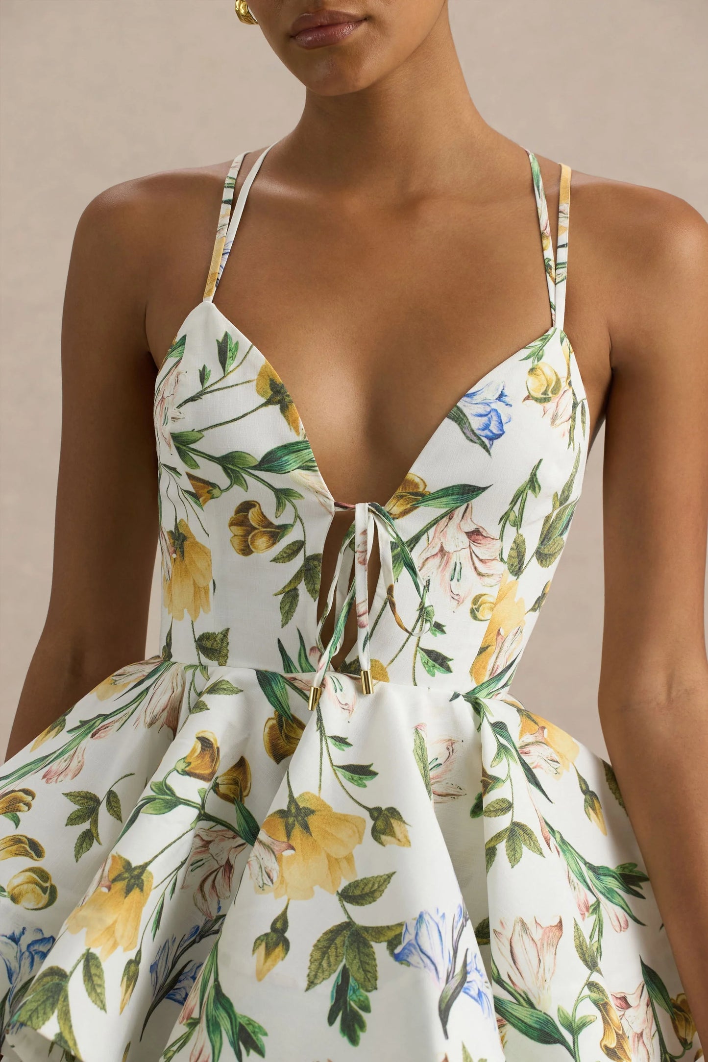 Flavia Lemon Floral Print Plunge-Neck Ruffled Skater Micro-Mini Dress