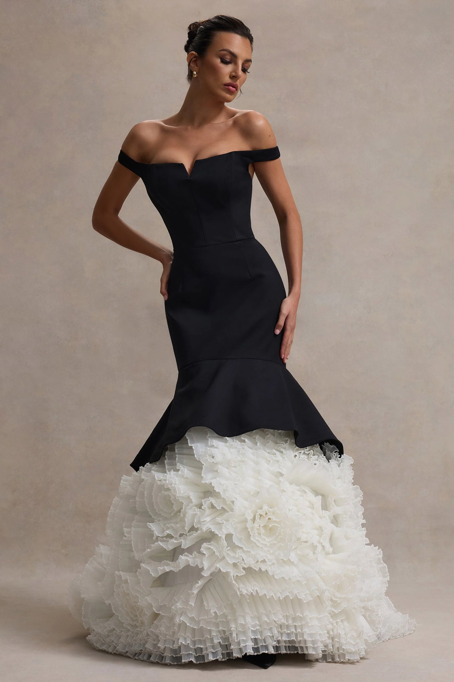 The Greatest Black & Cream Bardot Maxi Dress With Tulle Skirt