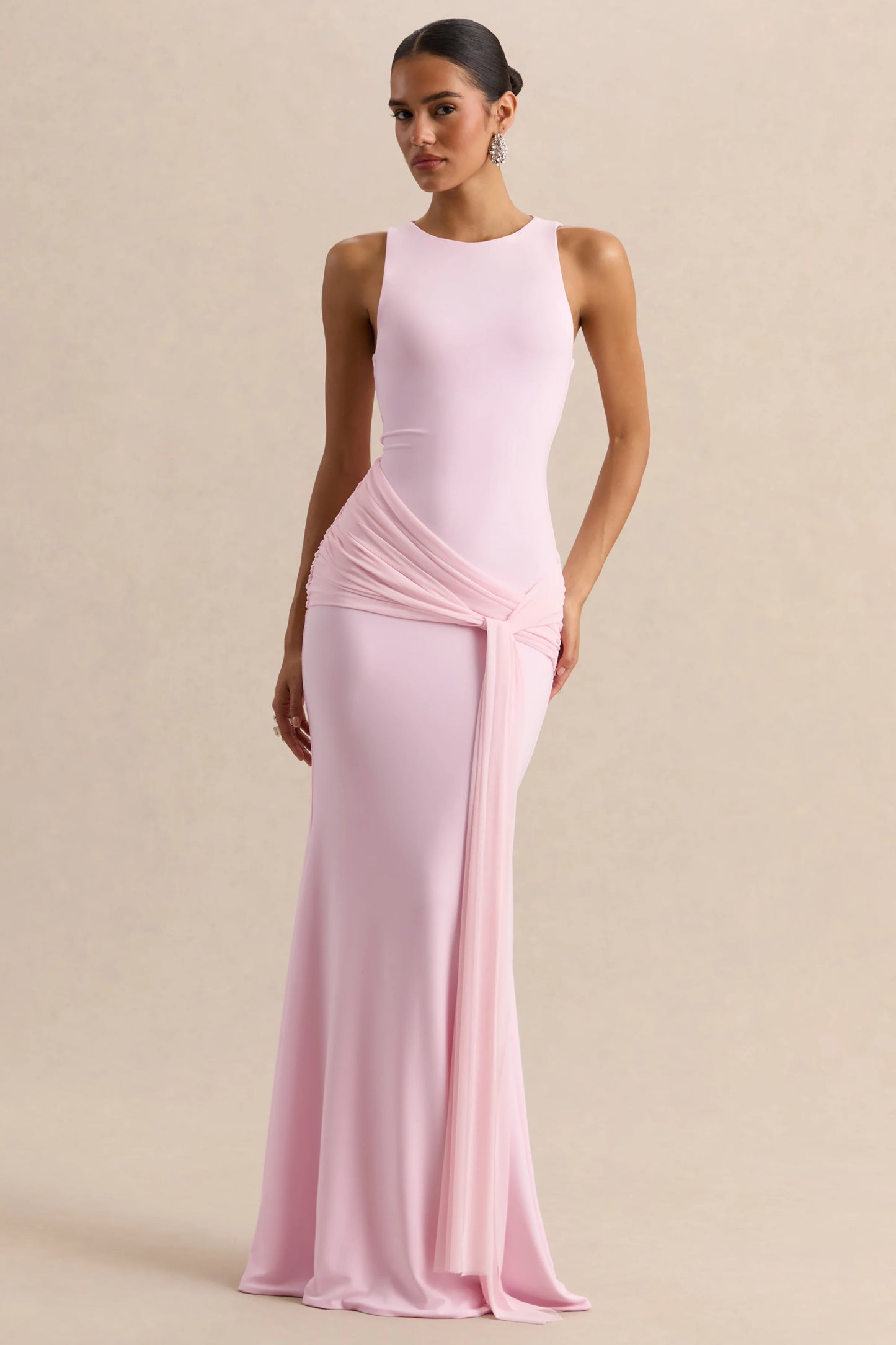 Mirene Light Pink Round-Neck Maxi-Dress With Gathered-Detailing And Sash