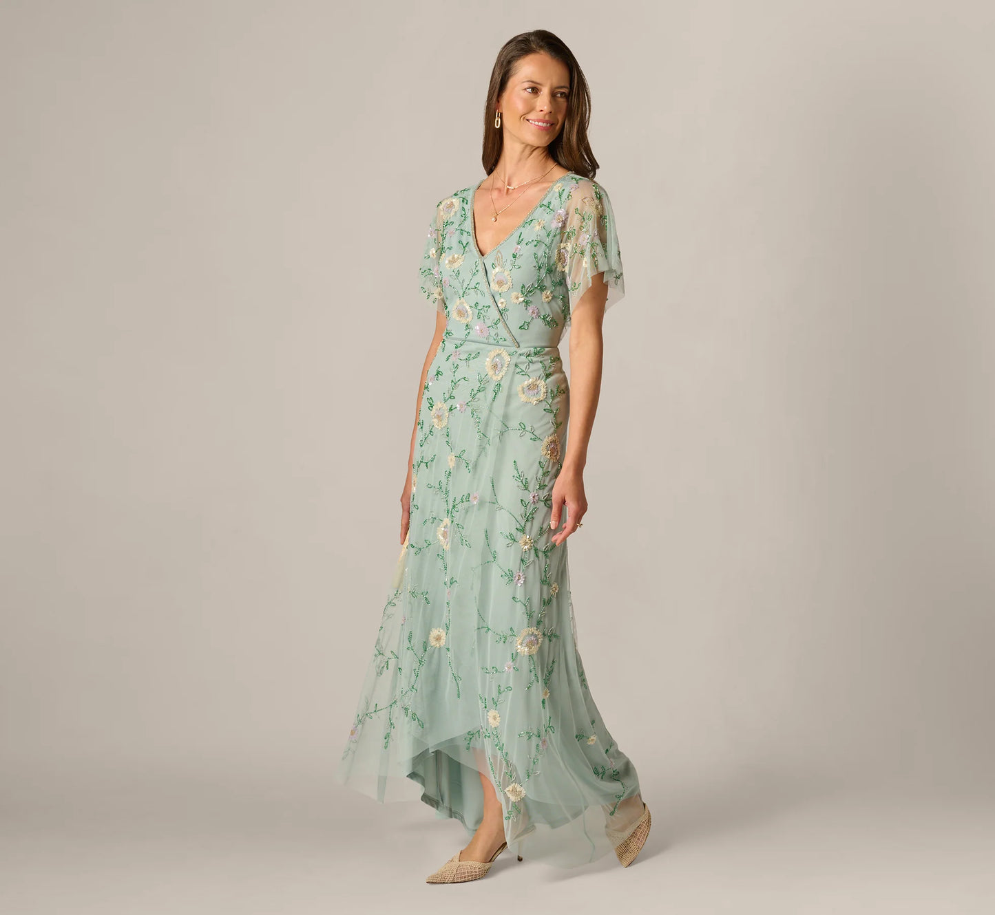 Flutter Sleeve Beaded Wrap Dress In Aqua Dust