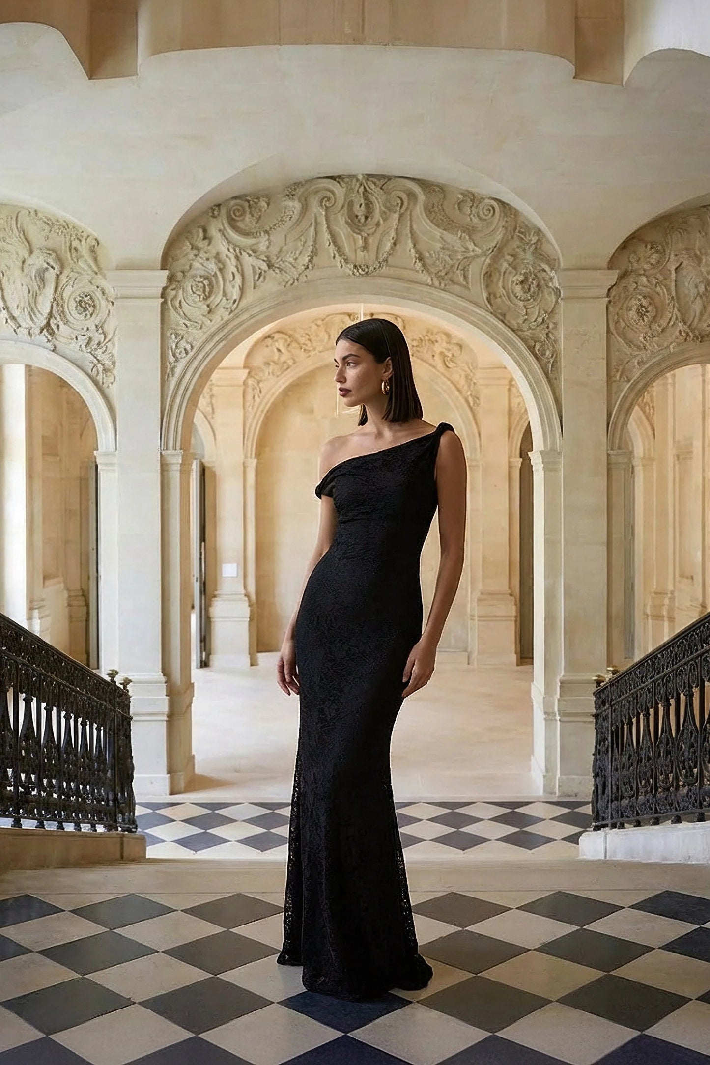 Afina Black Lace Asymmetric-Neck Maxi Dress