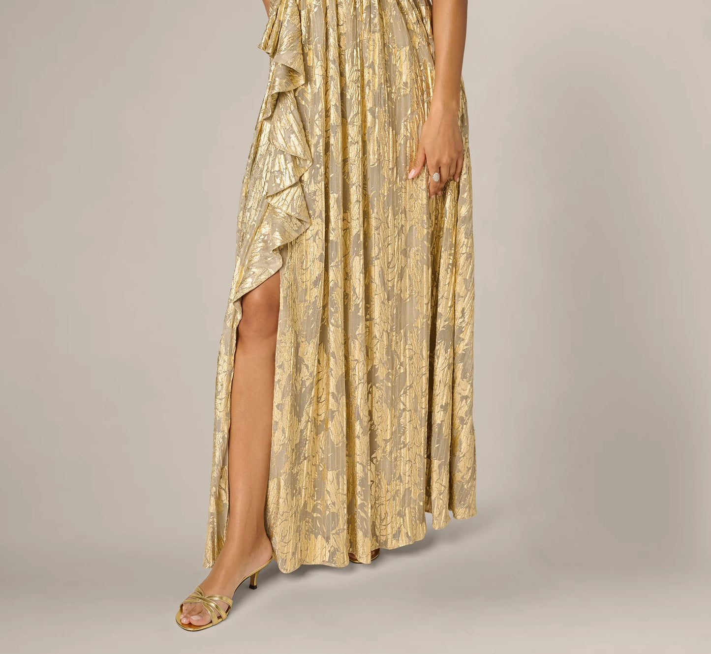 Sleeveless Metallic Crinkle Ruffle Gown In Champagne Gold